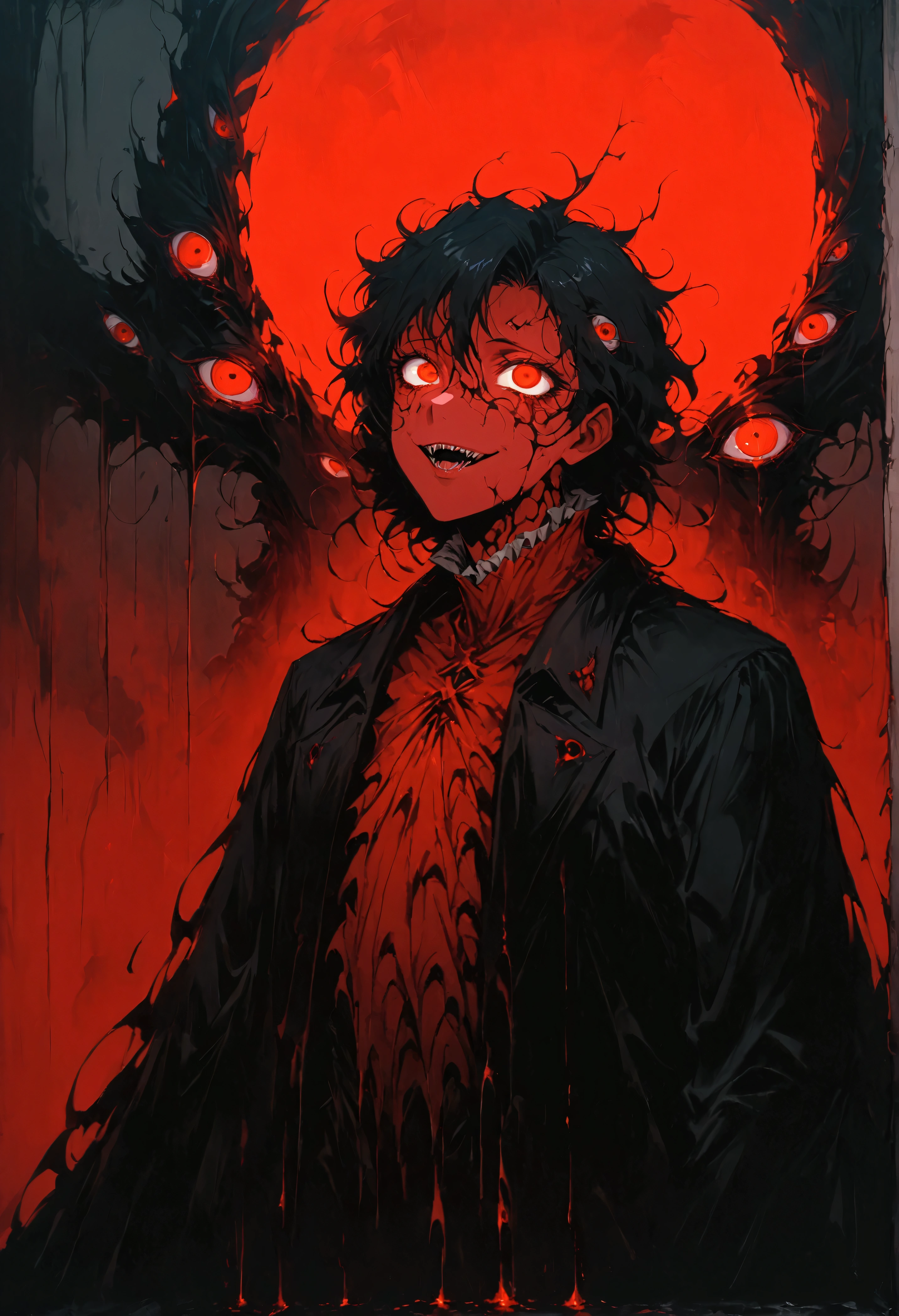 (best quality, 4K, high resolution, masterpart: 1.2), ultra detail,grotrsco wolf covered in red eyes. medium: oil painting, horror, night scene, dark atmosphere, sinister shadows, glaring red eyes, powerful presence, sharp teeth, raw fur, full moonlight, ominous mood, strange silhouette, supernatural presence, dense fog, ancient runes, whispering winds, mysterious atmosphere, untameable nature, sinister energy, suspense, terrible creatures, hint of danger, grotesque transformation, unleashing chaos and power, wickedly beautiful. score_9, score_8_up, score_7_up, source_anime wolf covered in eyes, eyes, red eyes, liquid, ((extra eyes)), dynamic, spooky smile, tentacled hair with red eyes, cel shading, red theme,(no humans),de perfil,luna roja