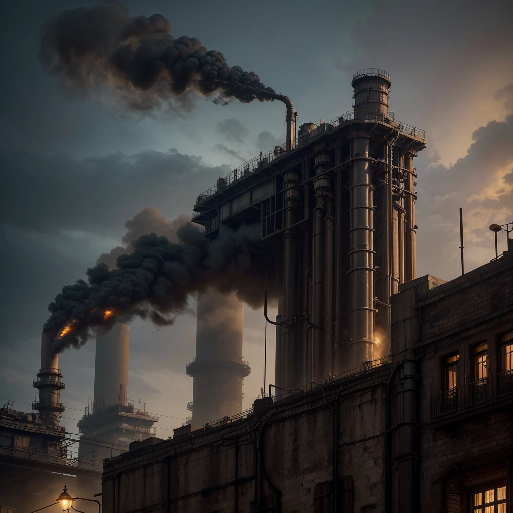 Dark fantasy Ciudad industrial, surrounded by a wall, steampunk, rusty and heavy, billowing smoke, Chimney, factories, gears, machinery, tall buildings, torres, steam power, steam pipes, Street lighting, (cinematic lighting:0.8, Super detail, to flourish)