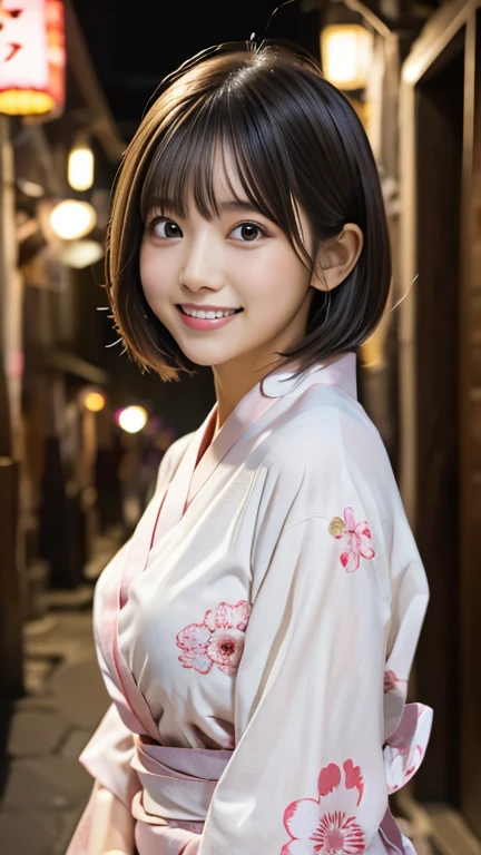 One Girl, Light pink Japanese yukata、geta、Festivals、stall、Old House、light、alley、night、Short Hair、bangs、A large pink monochromatic flower pattern on a yukata、Very cute face、Very cute smile、night、depth of field, first-person view, f/1.8, 135mm, Nikon, UHigh resolution, retina, masterpiece, Accurate, Anatomically correct, Attention to detail, Super Detail, high quality, 最high quality, High resolution, 1080P, High resolution, 4K, 8k