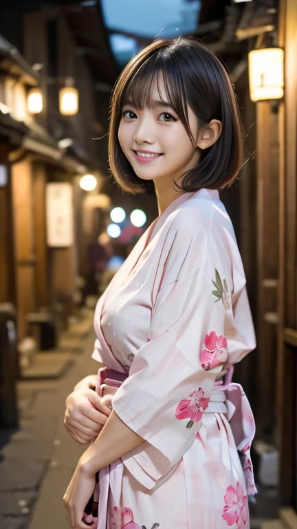 One Girl, Light pink Japanese yukata、geta、Festivals、stall、Old House、light、alley、night、Short Hair、bangs、A large pink monochromatic flower pattern on a yukata、Very cute face、Very cute smile、night、depth of field, first-person view, f/1.8, 135mm, Nikon, UHigh resolution, retina, masterpiece, Accurate, Anatomically correct, Attention to detail, Super Detail, high quality, 最high quality, High resolution, 1080P, High resolution, 4K, 8k