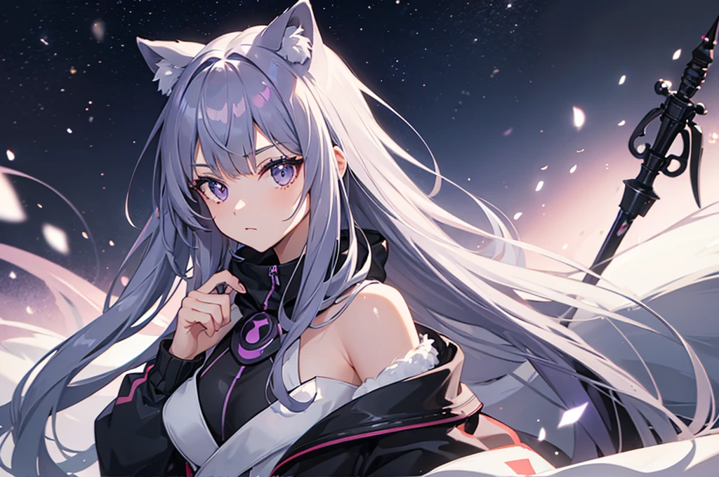 ((1 guy)), purple-gray eyes, shoulder length gray hair, bangs in different directions, raccoon tail, Raccoon ears, electric eye of god, from the snow, weapon Bow
