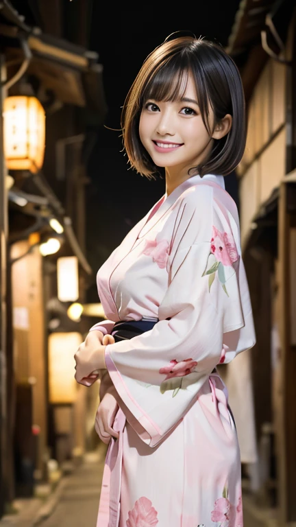 One Girl, Light pink Japanese yukata、geta、Festivals、stall、Old House、light、alley、night、Short Hair、bangs、A large pink monochromatic flower pattern on a yukata、Very cute face、Very cute smile、night、depth of field, first-person view, f/1.8, 135mm, Nikon, UHigh resolution, retina, masterpiece, Accurate, Anatomically correct, Attention to detail, Super Detail, high quality, 最high quality, High resolution, 1080P, High resolution, 4K, 8k