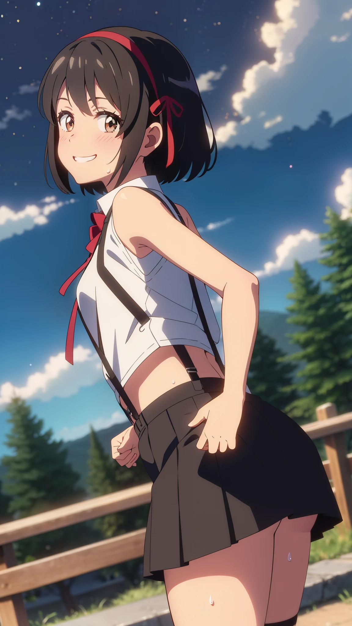shinkai makoto, kimi no na wa., 1girl, bangs, black hair, blush, brown eyes, perfect face, looking at the viewer, black suspenders, bare shoulders, red headband, red ribbon, garterbelt, garter, sight, mini skirt, belt, short hair, solo, shinny skin, smile, cute, grin, cloudy, night sky, night background, forest, sweat, (masterpiece), best quality
