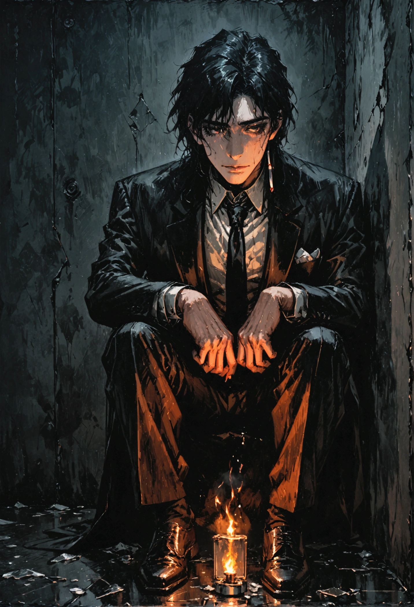 Constantine, man sitting on the floor,mano cigarette,lighter fire, dressed in a suit, black tie, broken glass on the floor, leaning against a wall, dark and gloomy scene