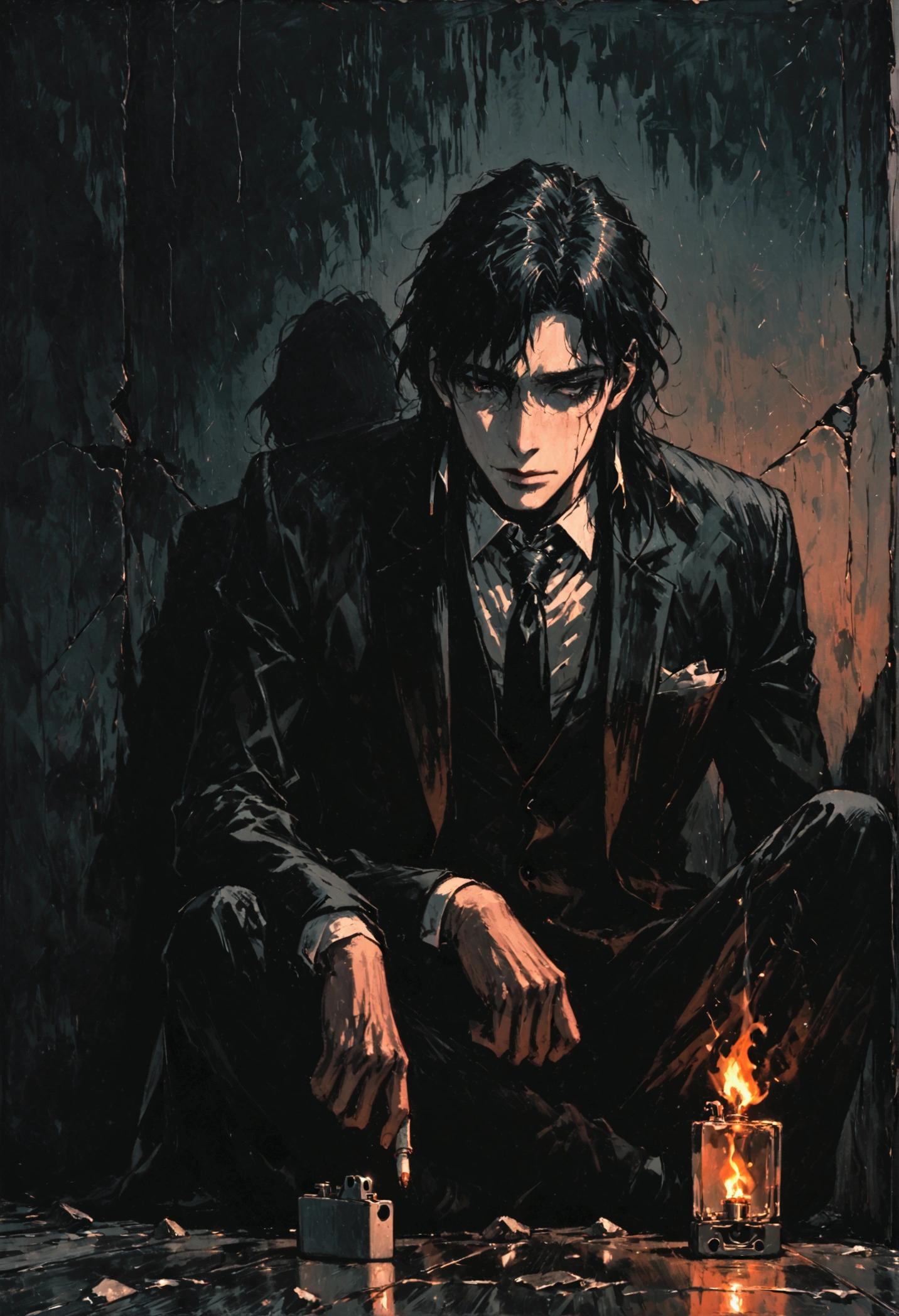 Constantine, man sitting on the floor,mano cigarette,lighter fire, dressed in a suit, black tie, broken glass on the floor, leaning against a wall, dark and gloomy scene