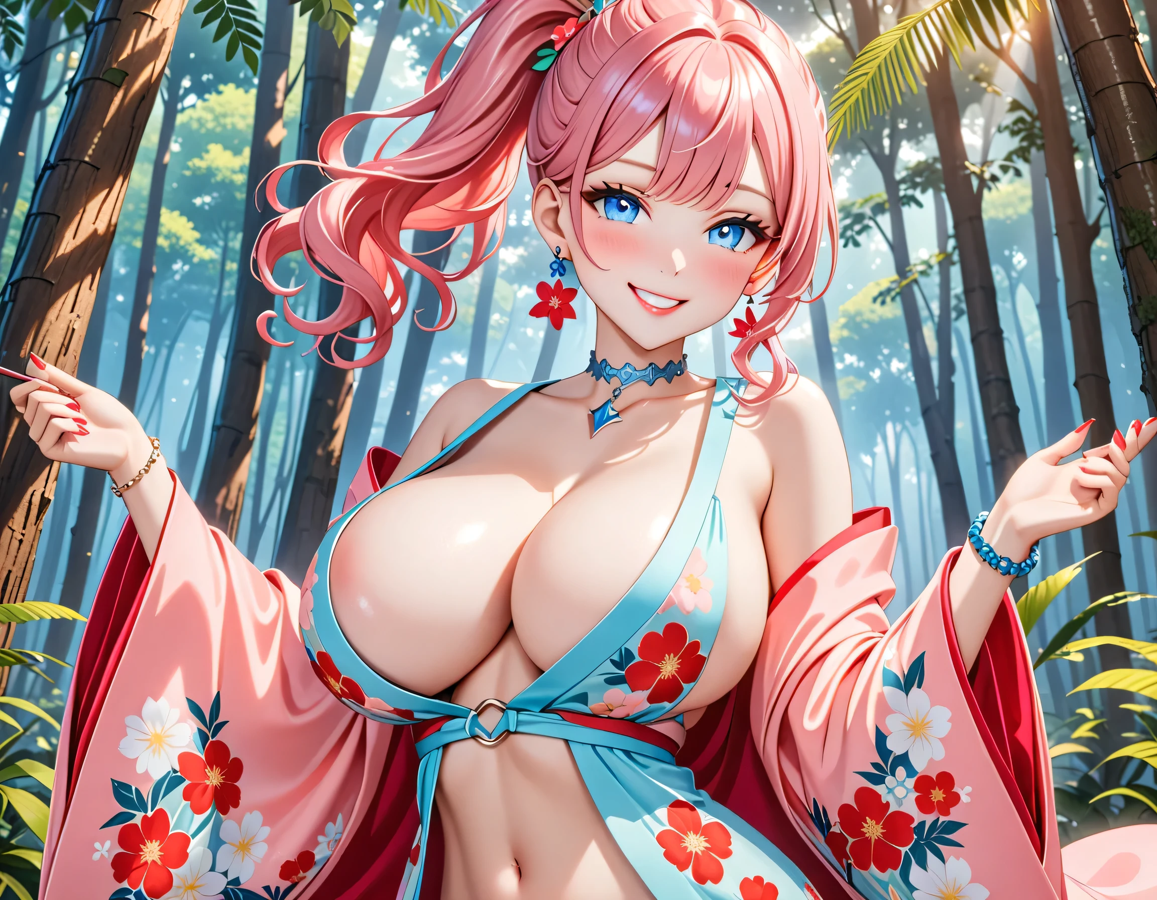 ultra-detailed, ((one girl)), (portrait), (pale skin:1.4), in pastel colors gyaru, (heavy makeup), (professional lighting) hyper detailed, absurdres, 8k, Beautiful Face, (Laugh shyly), ((teasing smile:1.8)), ((happy smile:1.2)), ((Wink:1.6)), (Laugh with your mouth wide open),((Tilt your face:1.6)), View your viewers, ((Bright red cheeks:1.6)),Glossy Red Lips, ((huge breasts:1.6)), undressing, ((She is undressed up to her shoulders, highlighting her cleavage.)) noon,summer, Green tree々, In the mysterious forest, ((Anime style background)),masterpiece, Highest quality, (Brighten your face), so beautiful,Latest, Complex details, (Pink long nails), (nail art), (ring),(bracelet), (Floral Choker),AI-generated, Complex,High resolution, Highest quality, super high quality,3D Images、3D Images,One person,Pastel pink long hair,(High Ponytail), (wavy hair:1.3), Pastel anime woman posing for a photo, ((Eyes with detailed pupils、blue eyes、glowing eyes:1.4)), (Squint your eyes:1.1),a hyperRealistic , hyperRealistic , Realistic,Anime woman with long pastel pink hair, Smooth anime CG art, A girl in a gorgeous pastel-colored kimono, ((Pastel colored long sleeve kimono)),(Pink large floral pattern), (sideboob), Long flower hair ornament,Floral Earrings, Mature Body, tall,Narrow waist, ((dutch angle)), ((looking forward:1.4)),((Stick your butt out:1.2)), extreme close-up shot,