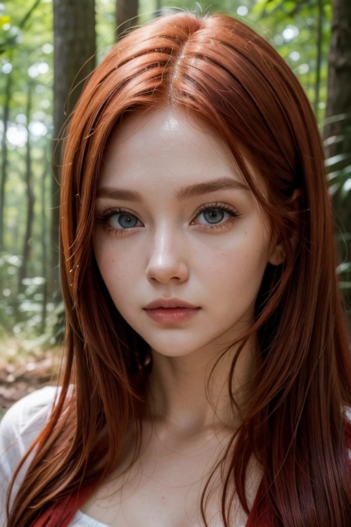 red-haired woman, face perfect , The eyes, at the forest