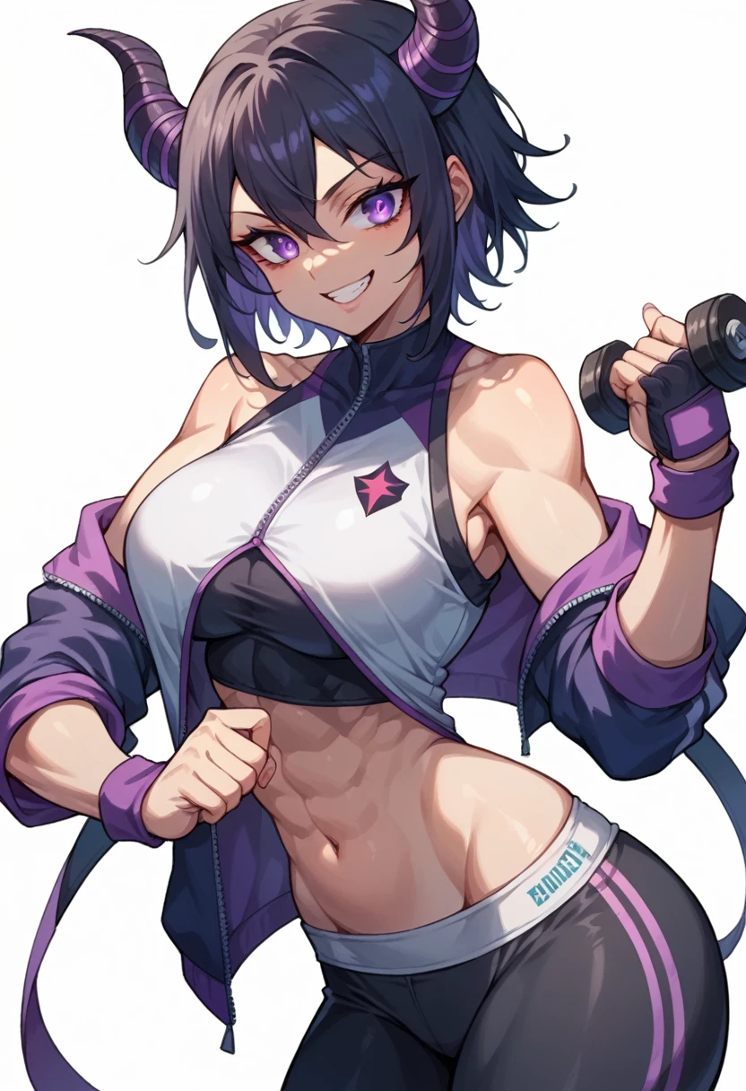 dark eye shadow,shining eyes,beautiful young fitness woman with , in a gym wearing May with black pantyhose, tight white and purple gym jacket. standing alone,hair horns,glowing purple eyes,Evil smile,legging preto ,labiaa,dark eye shadow,shining eyes