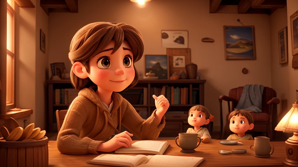 Realistic photography of a storyteller speaking to a small, attentive audience in a cozy, warm-lit room. The atmosphere is engaging and inspiring, with the storyteller's face illuminated by a gentle glow, capturing the listeners' rapt attention