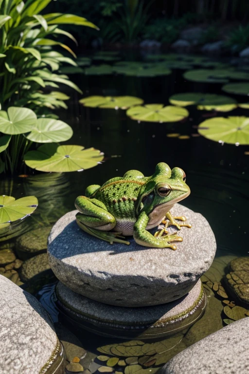 Draw a frog sitting on a rock at the edge of the pond with colored pencil effect