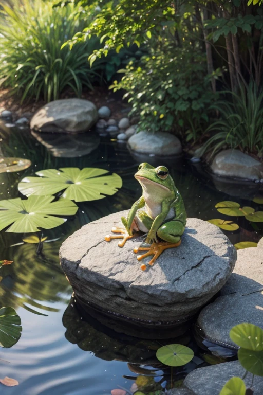 Draw a frog sitting on a rock at the edge of the pond with colored pencil effect