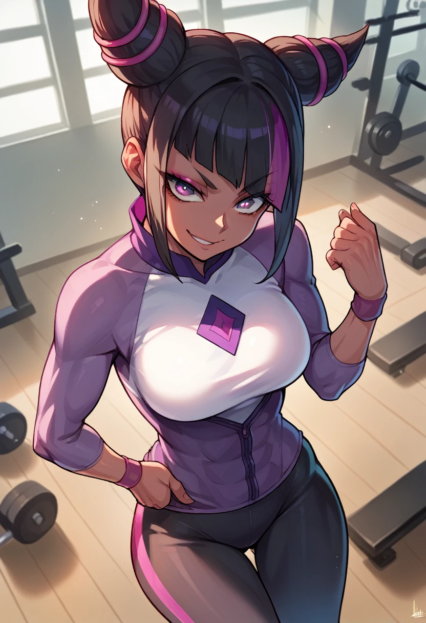 dark eye shadow,shining eyes,beautiful young fitness woman with , in a gym wearing May with black pantyhose, ??????????? and purple gym jacket. standing alone,hair horns,glowing purple eyes,Evil smile,legging preto ,??????,dark eye shadow,shining eyes
