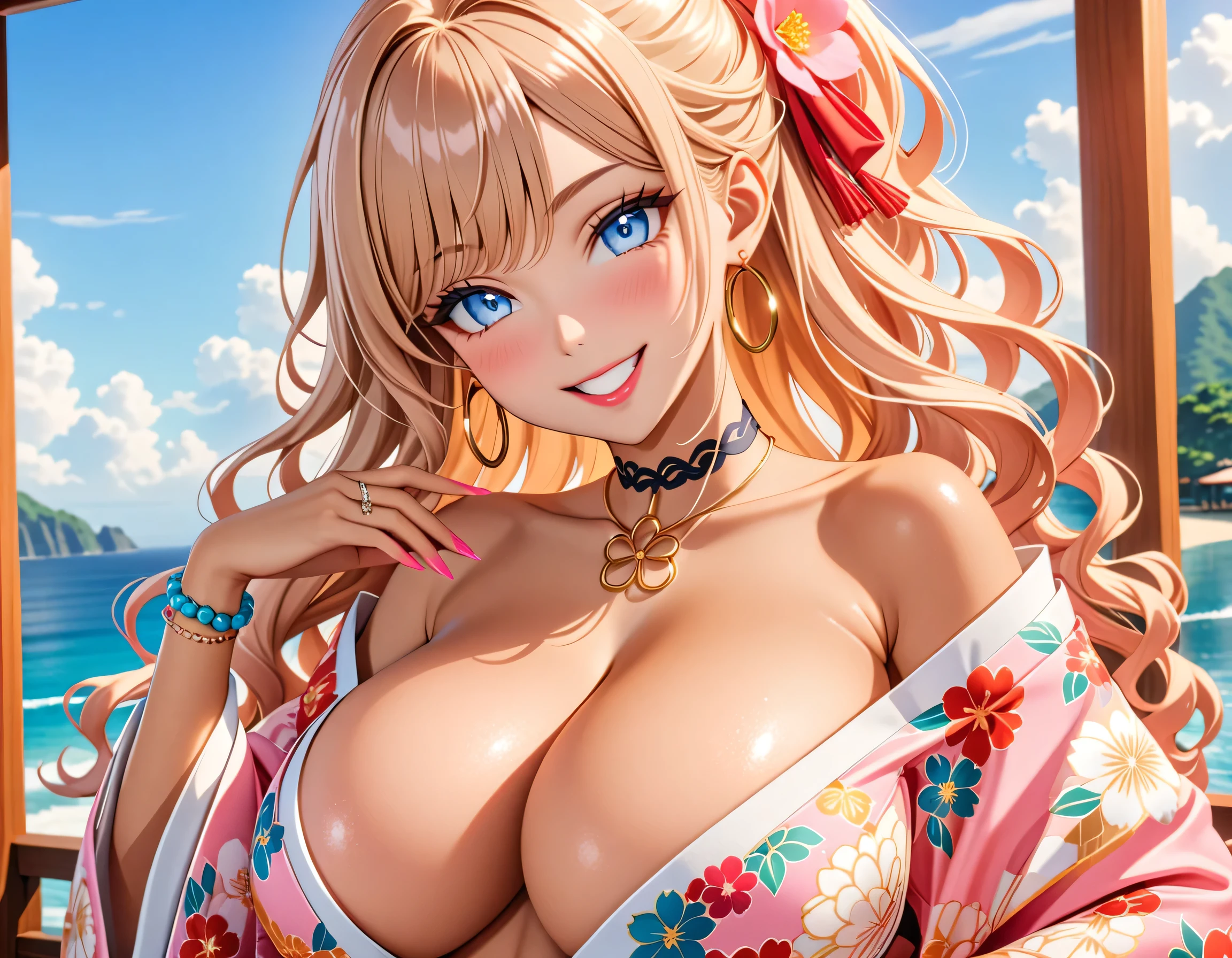 ultra-detailed, ((one girl)), (portrait), (tan skin:1.4), in pastel colors gyaru, (heavy makeup), (professional lighting), hyper detailed, absurdres, 8k, Beautiful Face, (Laugh shyly), ((teasing smile:1.2)), ((happy smile:1.4)),  ((Wink:1.5)), (Laugh with your mouth wide open),((Tilt your face:1.6)), View your viewers, ((Bright red cheeks:1.4)),Glossy shocking pink lips, ((huge breasts:1.6)), undressing, ((She is naked up to her shoulders, highlighting her cleavage.)), ((Her tattoo peeked through her kimono:1.2)), noon, summer, Luxury resort with ocean view, ((Anime style background)),masterpiece, Highest quality, (Brighten your face), so beautiful,Latest, Complex details, ((fluorescent pink long nail:1.2)), (ring),(bracelet), (Floral Choker),AI-generated, Complex,High resolution, Highest quality, super high quality,3D Images、3D Images,One person, (blond long hair), (High Ponytail), (wavy hair:1.4), Anime woman posing for a photo, ((Eyes with detailed pupils、blue eyes、glowing eyes:1.3)), BREAK, (Squint your eyes:1.1),a hyperRealistic , hyperRealistic , Realistic,Anime woman with long honey blonde hair, Smooth anime CG art, A girl in a gorgeous pastel-colored kimono, ((Pastel-colored furisode)),(Pink large floral pattern),  (sideboob), Long flower hair ornament,large gold hoop earrings, Mature Body, tall,Narrow waist,((dutch angle)), ((model posing:1.3)), extreme close-up shot,