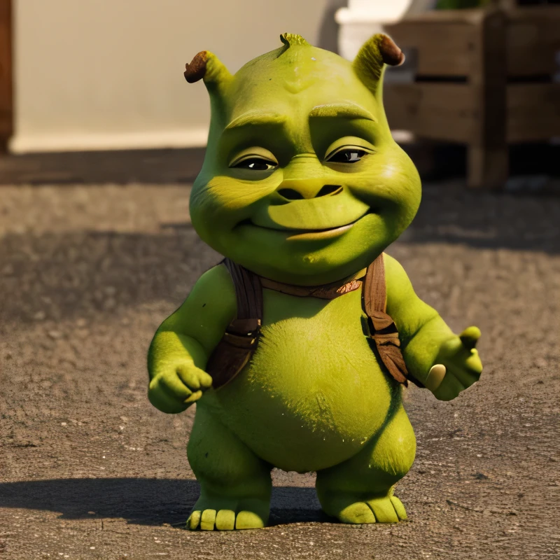 A photo of small shrek looking at camera in a swuimsuit