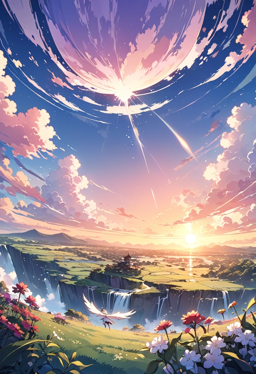 Anime landscape of The image shows a gojo falling from sky updide down, at sunset, seen from afar, a beautiful colorful anime scene, seen from afar, a beautiful anime peace scene, Makoto Shinkai Cyril Rolando, a beautiful scene of anime, amazing wallpaper, anime art wallpaper 8k, anime background, anime art background, anime wallpaper 4k, anime art 4k wallpaper, anime art 4k wallpaper,