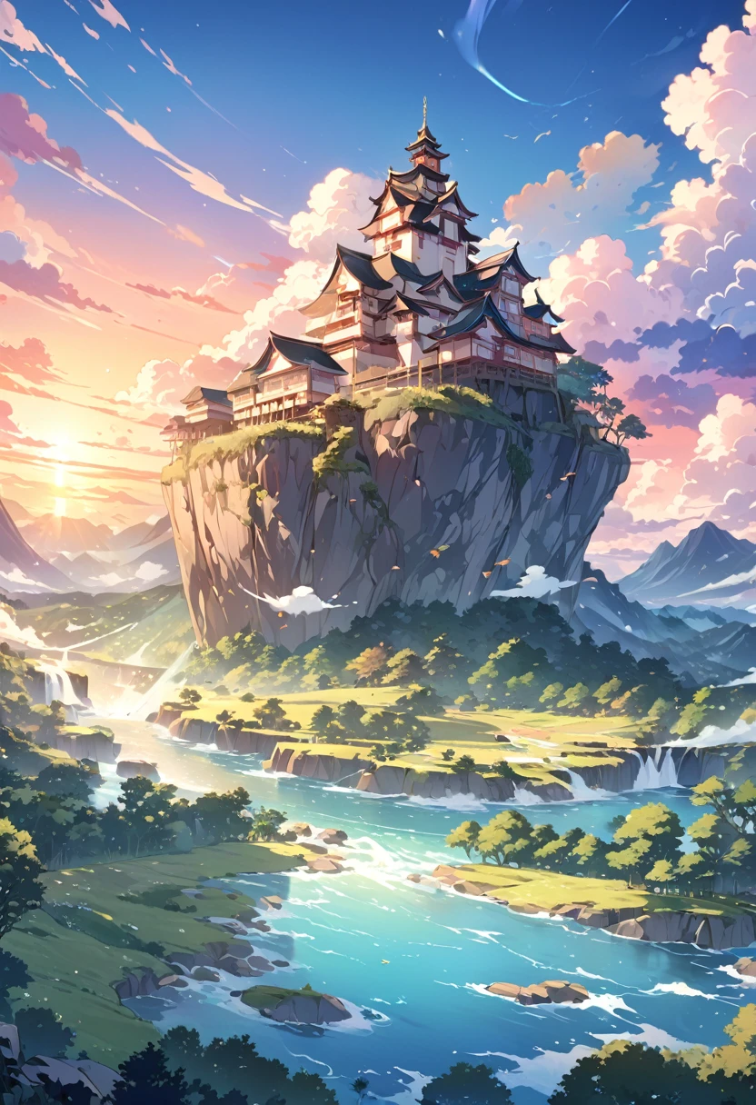 Anime landscape of The image shows a gojo falling from sky updide down, at sunset, seen from afar, a beautiful colorful anime scene, seen from afar, a beautiful anime peace scene, Makoto Shinkai Cyril Rolando, a beautiful scene of anime, amazing wallpaper, anime art wallpaper 8k, anime background, anime art background, anime wallpaper 4k, anime art 4k wallpaper, anime art 4k wallpaper,