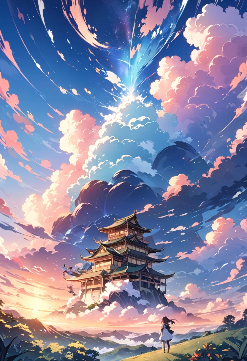 Anime landscape of The image shows a gojo falling from sky updide down, at sunset, seen from afar, a beautiful colorful anime scene, seen from afar, a beautiful anime peace scene, Makoto Shinkai Cyril Rolando, a beautiful scene of anime, amazing wallpaper, anime art wallpaper 8k, anime background, anime art background, anime wallpaper 4k, anime art 4k wallpaper, anime art 4k wallpaper,