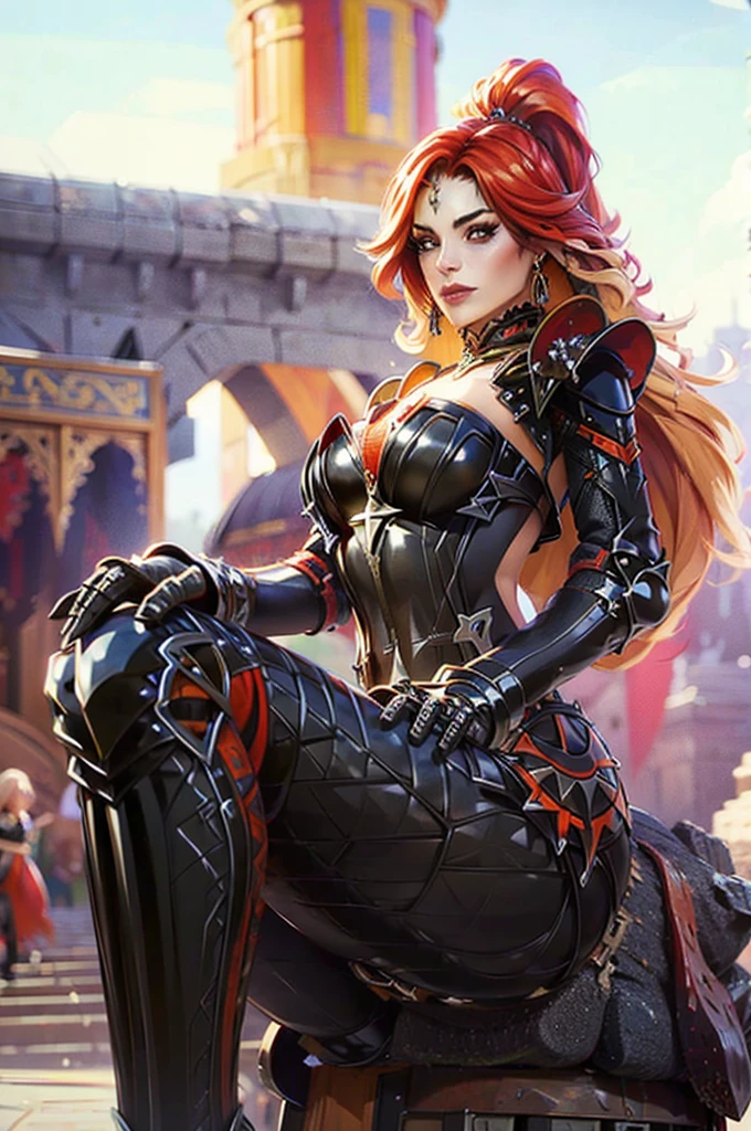 Knight Woman with red hair and red eyes in black armor, Mavuika (Genshin Impact), Dark, But detailed digital art, dark fantasy style art, Portrait of a goddess, athletic body, Dark art style, style of charlie bowater, gothic horror vibes, tom bagshaw artstyle, gothic art style, dark fantasy portrait, neoartcore and charlie bowater, Aztec style, Aztec pyramid on the background, She is standing in the middle of the battle arena, outdoors, 