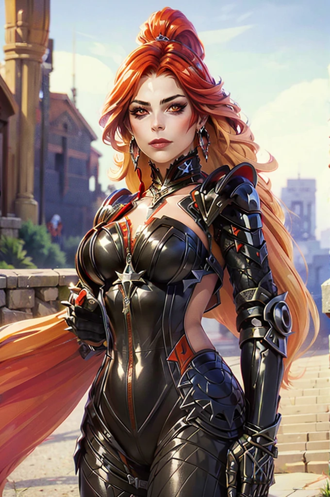 Knight Woman with red hair and red eyes in black armor, Mavuika (Genshin Impact), Dark, But detailed digital art, dark fantasy style art, Portrait of a goddess, athletic body, Dark art style, style of charlie bowater, gothic horror vibes, tom bagshaw artstyle, gothic art style, dark fantasy portrait, neoartcore and charlie bowater, Aztec style, Aztec pyramid on the background, She is standing in the middle of the battle arena, outdoors, 