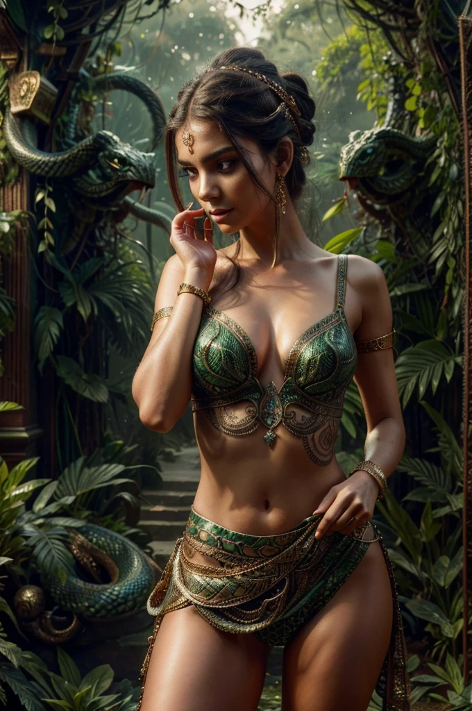 Create an image of a mystical snake woman, or Nagin, with long, flowing hair and piercing eyes that captivate and enchant. She is adorned with intricate jewelry, golden blouse with snake scale patterns, and stands with a majestic seven-headed snake behind her, each head poised and watchful. The setting is a mystical forest at dusk, with an ethereal glow illuminating her figure. The background is filled with lush greenery, ancient trees, and a hint of magical ambiance, perfect composition, hyperrealistic, super detailed, 8k, high quality, trending art, trending on artstation, sharp focus, studio photo, intricate details, highly detailed, art by greg rutkowski