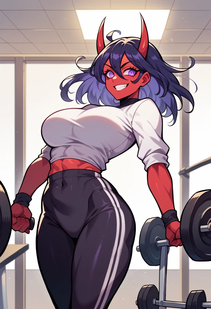 dark eye shadow,shining eyes,beautiful young fitness woman with , in a gym wearing May with black pantyhose, tight white and purple gym jacket. standing alone,hair horns,glowing purple eyes,Evil smile,legging preto ,labiaa,dark eye shadow,shining eyes,red mask
