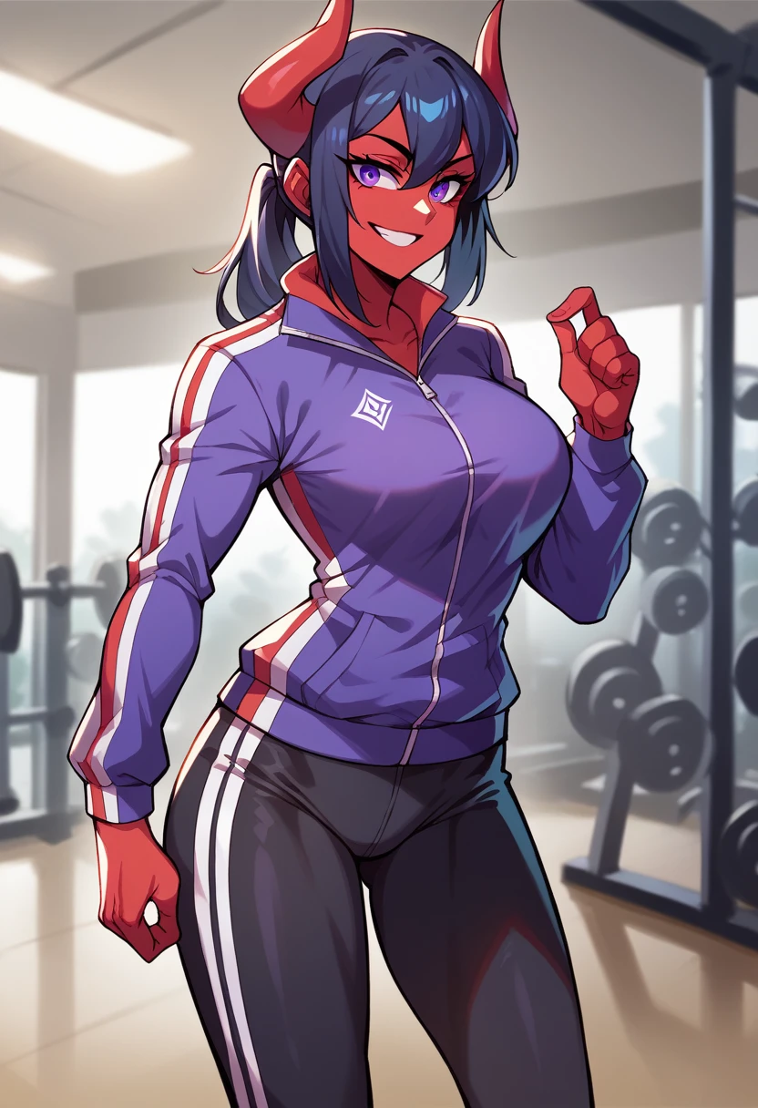 dark eye shadow,shining eyes,beautiful young fitness woman with , in a gym wearing May with black pantyhose, tight white and purple gym jacket. standing alone,hair horns,glowing purple eyes,Evil smile,legging preto ,labiaa,dark eye shadow,shining eyes,red mask
