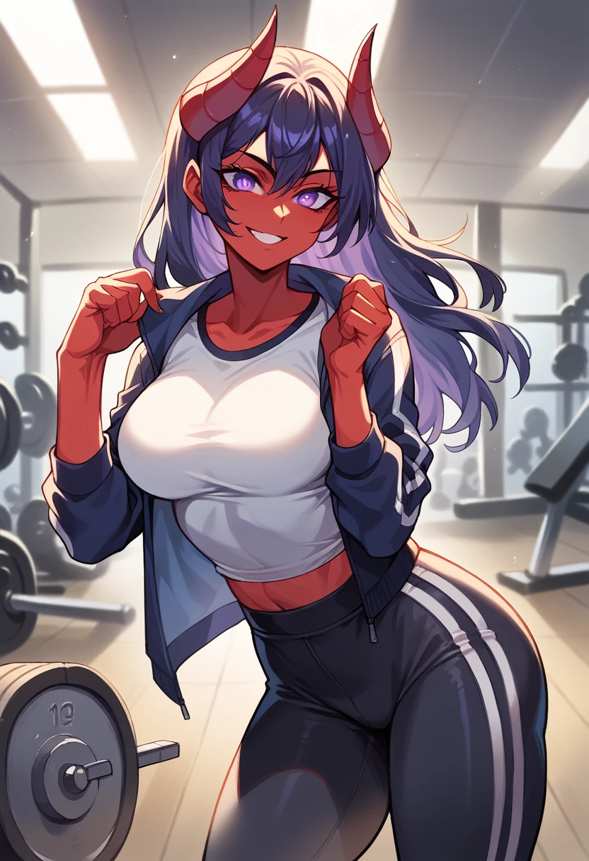 dark eye shadow,shining eyes,beautiful young fitness woman with , in a gym wearing May with black pantyhose, tight white and purple gym jacket. standing alone,hair horns,glowing purple eyes,Evil smile,legging preto ,labiaa,dark eye shadow,shining eyes,red mask
