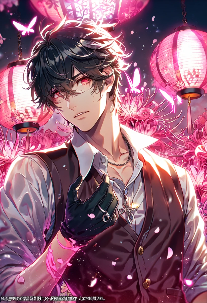 absurd resolution, high resolution, ultra detailed, detailed eyes, delicated features, extremely detailed, HDR, 8K, Rui Amamiya, black hair, messy hair, hair over the right eye, short hair, expressive red eyes, Code Vein, solo, male, handsome, dark brown vest, white shirt, unbuttoned shirt, black gloves, ring necklace, rolled up sleeves, fantasy, cool, magical, pink glittering butterflies, pink dust flying around, pink spider lilies, pink petals, pink lanterns, Japanese ambiance, pink blossoms