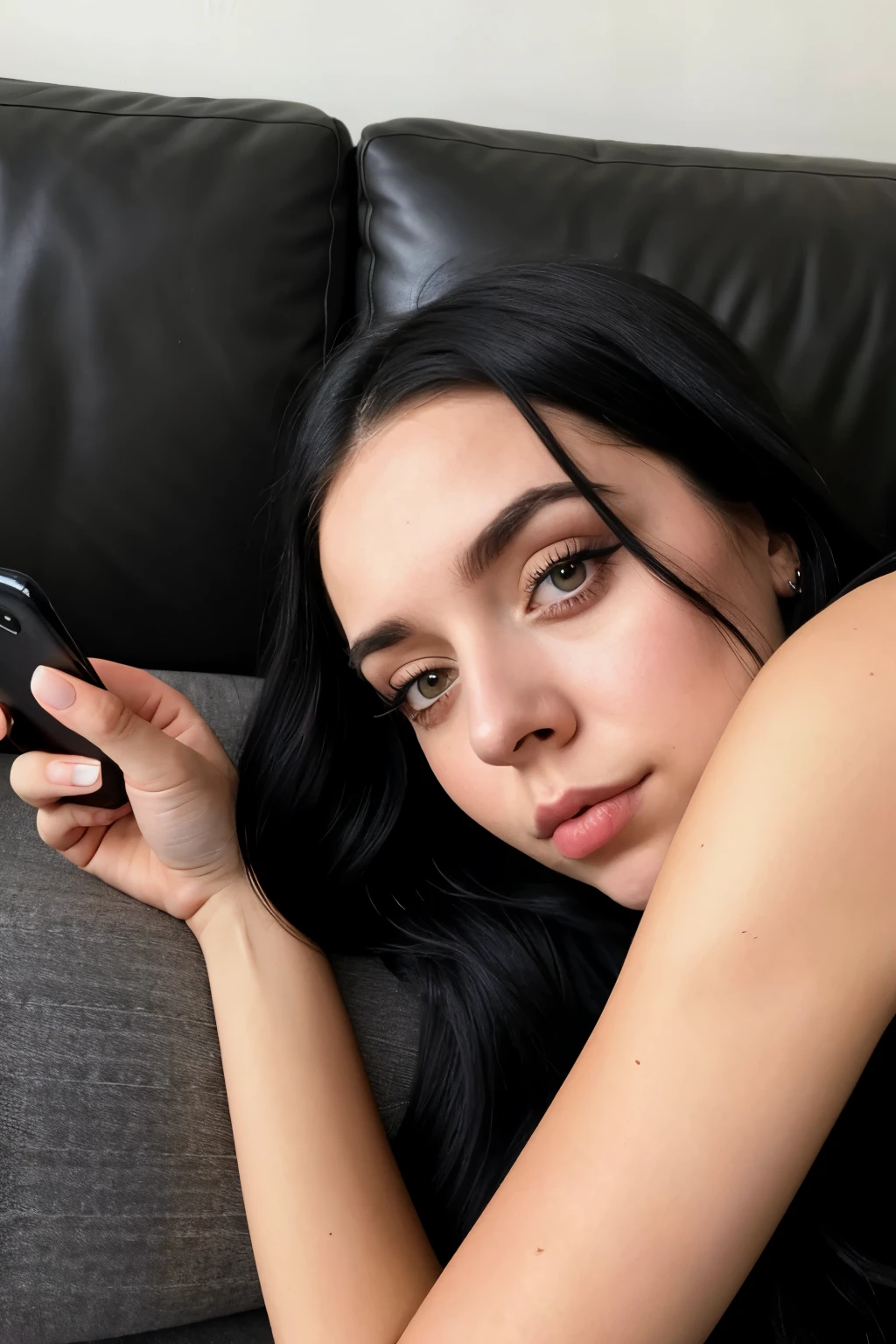 photo of a 27-year-old woman lying lazily on the couch with her cell phone in her hand,  with a face similar to Billie Eilish with dark eyes, makeup on black eyelids, and black eyeliner, long black hair