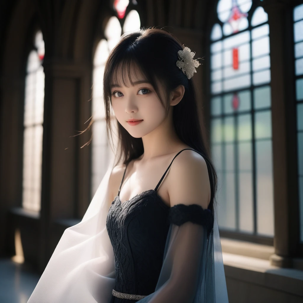 8k, Ultra-high resolution, Highest quality, masterpiece, 三分割法によるphotograph,Surreal, photograph, 1 Girl, (16 years old:1.3), pretty girl, Cute Face, Beautiful eyes in every detail, 細かくdetailedに,masterpiece,One Girl:1.2,Japan Female Teachers,extream close up,light smile,Long black hair,Straight long hair,(印象派の美しい少女のPortraiture),(Impressionist light and colour), (Avant-garde attire:1.3),(Fairy,Shiny Hair, Beautiful dark eyes, So cute and beautiful,16 years old, ), (smile:0.8),Sharp contours,Looking down, (A future never imagined), ((Gothic cathedral)), (Stained Glass Windows:1), indoor, Light from above, Low contrast, (Side view),, Perfect and beautiful face ,完璧でCute Face, Skin with attention to detail, Perfect limbs、Narrow waist,Looking at the audience,(((Ideal body type))),A cup small breasts :2,Portraiture:2,Perfect ???????,鮮明なdetailed,detailed,Surreal,Light and shadow,glowing