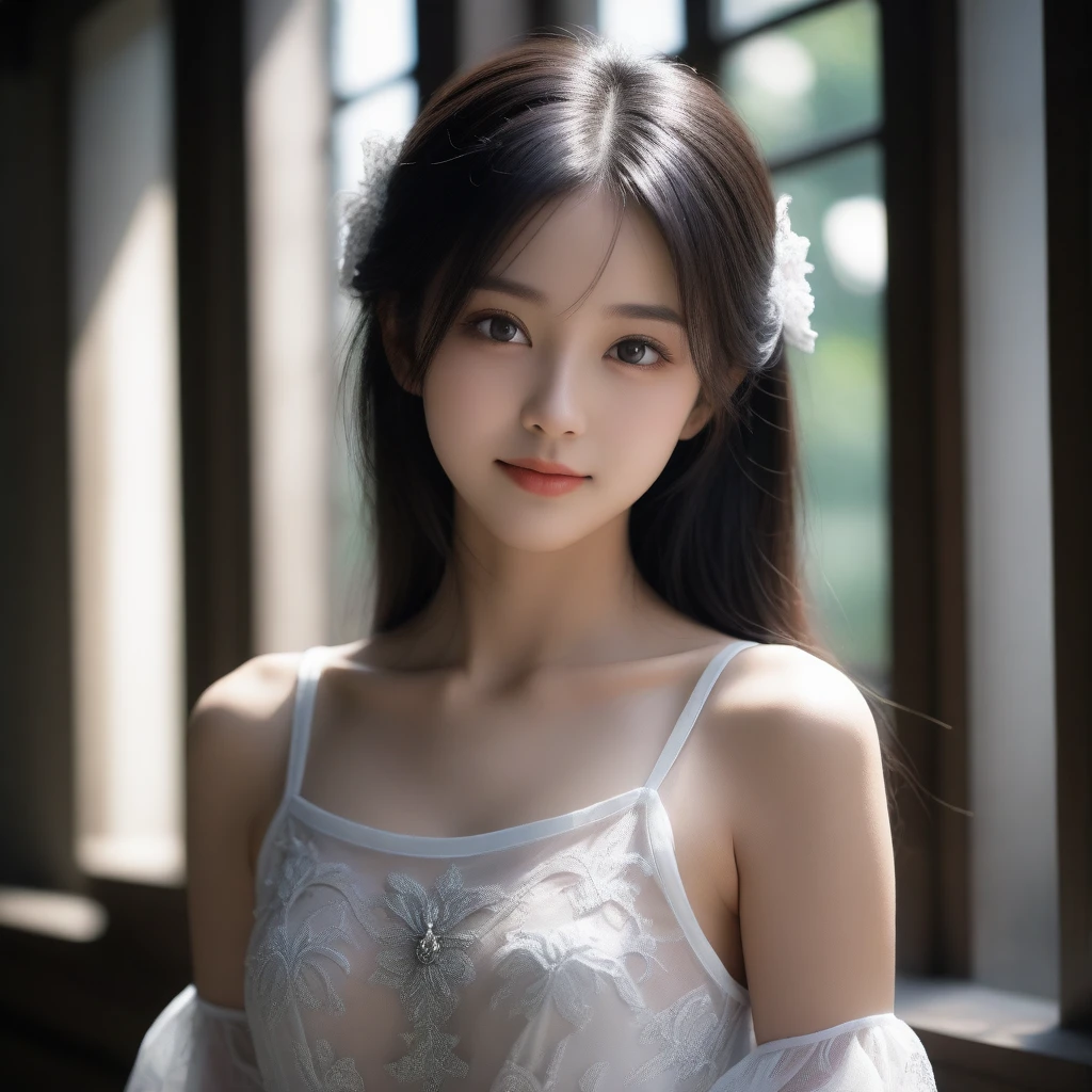 8k, Ultra-high resolution, Highest quality, masterpiece, 三分割法によるphotograph,Surreal, photograph, 1 Girl, (16 years old:1.3), pretty girl, Cute Face, Beautiful eyes in every detail, 細かくdetailedに,masterpiece,One Girl:1.2,Japan Female Teachers,extream close up,light smile,Long black hair,Straight long hair,(印象派の美しい少女のPortraiture),(Impressionist light and colour), (Avant-garde attire:1.3),(Fairy,Shiny Hair, Beautiful dark eyes, So cute and beautiful,16 years old, ), (smile:0.8),Sharp contours,Looking down, (A future never imagined), ((Gothic cathedral)), (Stained Glass Windows:1), indoor, Light from above, Low contrast, (Side view),, Perfect and beautiful face ,完璧でCute Face, Skin with attention to detail, Perfect limbs、Narrow waist,Looking at the audience,(((Ideal body type))),A cup small breasts :2,Portraiture:2,Perfect Anatomy,鮮明なdetailed,detailed,Surreal,Light and shadow,glowing
