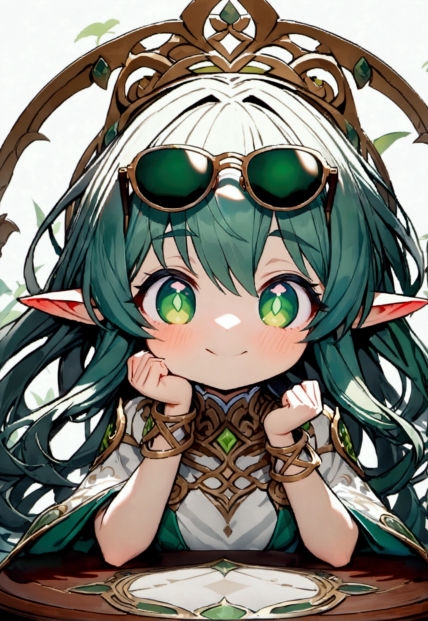 Genshin Impact Characters,Cute Nashida character emoticon list,,White hair,Green Eyes,Emerald Green Floral Skirt,Pointed ears,Second dimension, (((Cool expression with sunglasses、Head turned aside expression、Cool head-raising expression))) , (((Detailed Nashida character portrait table,Front view,side view,Three-quarter view))),(((White background))),panoramic,Depth of Field,Octane Rendering,masterpiece,best quality,Final details,8K resolution