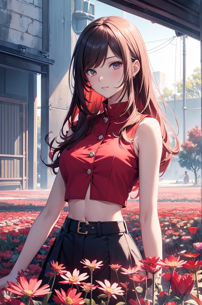 a beautiful anime tall girl who is in red crop top , opened button , , , in a icy flower field , at morning , stylish , , anime