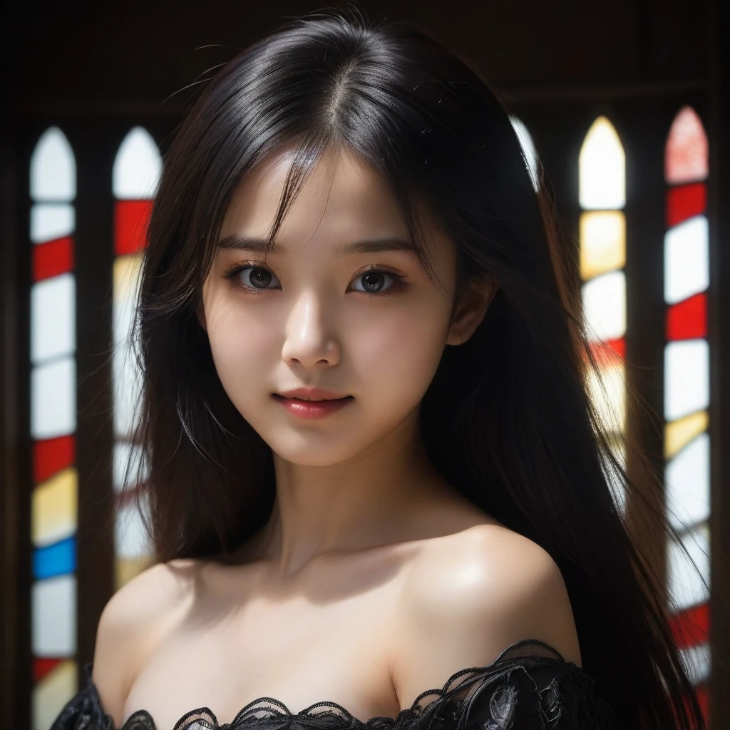 8k, Ultra-high resolution, Highest quality, masterpiece, 三分割法によるphotograph,Surreal, photograph, 1 Girl, (:1.3), pretty girl, Cute Face, Beautiful eyes in every detail, 細かくdetailedに,masterpiece,One Girl:1.2,Japan Female Teachers,extream close up,light smile,Long black hair,Straight long hair,(印象派の美しい少女のPortraiture),(Impressionist light and colour), (Avant-garde attire:1.3),(Fairy,Shiny Hair, Beautiful dark eyes, So cute and beautiful,16 years old0.8),Sharp contours,Looking down, (A future never imagined), ((Gothic cathedral)), (Stained Glass Windows:1), indoor, Light from above, Low contrast, (Side view),, Perfect and beautiful face ,完璧でCute Face, Skin with attention to detail, Perfect limbs、Narrow waist,Looking at the audience,(((Ideal body type))),A cup small breasts :2,Portraiture:2,Perfect Anatomy,鮮明なdetailed,detailed,Surreal,Light and shadow,glowing