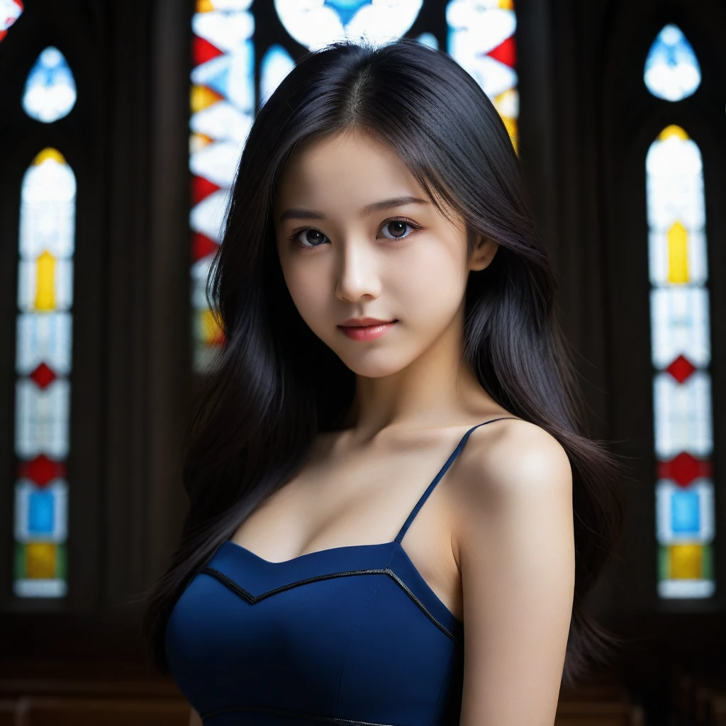 8k, Ultra-high resolution, Highest quality, masterpiece, 三分割法によるphotograph,Surreal, photograph, 1 Girl, (:1.3), pretty girl, Cute Face, Beautiful eyes in every detail, 細かくdetailedに,masterpiece,One Girl:1.2,Japan Female Teachers,extream close up,light smile,Long black hair,Straight long hair,(印象派の美しい少女のPortraiture),(Impressionist light and colour), (Avant-garde attire:1.3),(Fairy,Shiny Hair, Beautiful dark eyes, So cute and beautiful,16 years old0.8),Sharp contours,Looking down, (A future never imagined), ((Gothic cathedral)), (Stained Glass Windows:1), indoor, Light from above, Low contrast, (Side view),, Perfect and beautiful face ,完璧でCute Face, Skin with attention to detail, Perfect limbs、Narrow waist,Looking at the audience,(((Ideal body type))),A cup small breasts :2,Portraiture:2,Perfect Anatomy,鮮明なdetailed,detailed,Surreal,Light and shadow,glowing