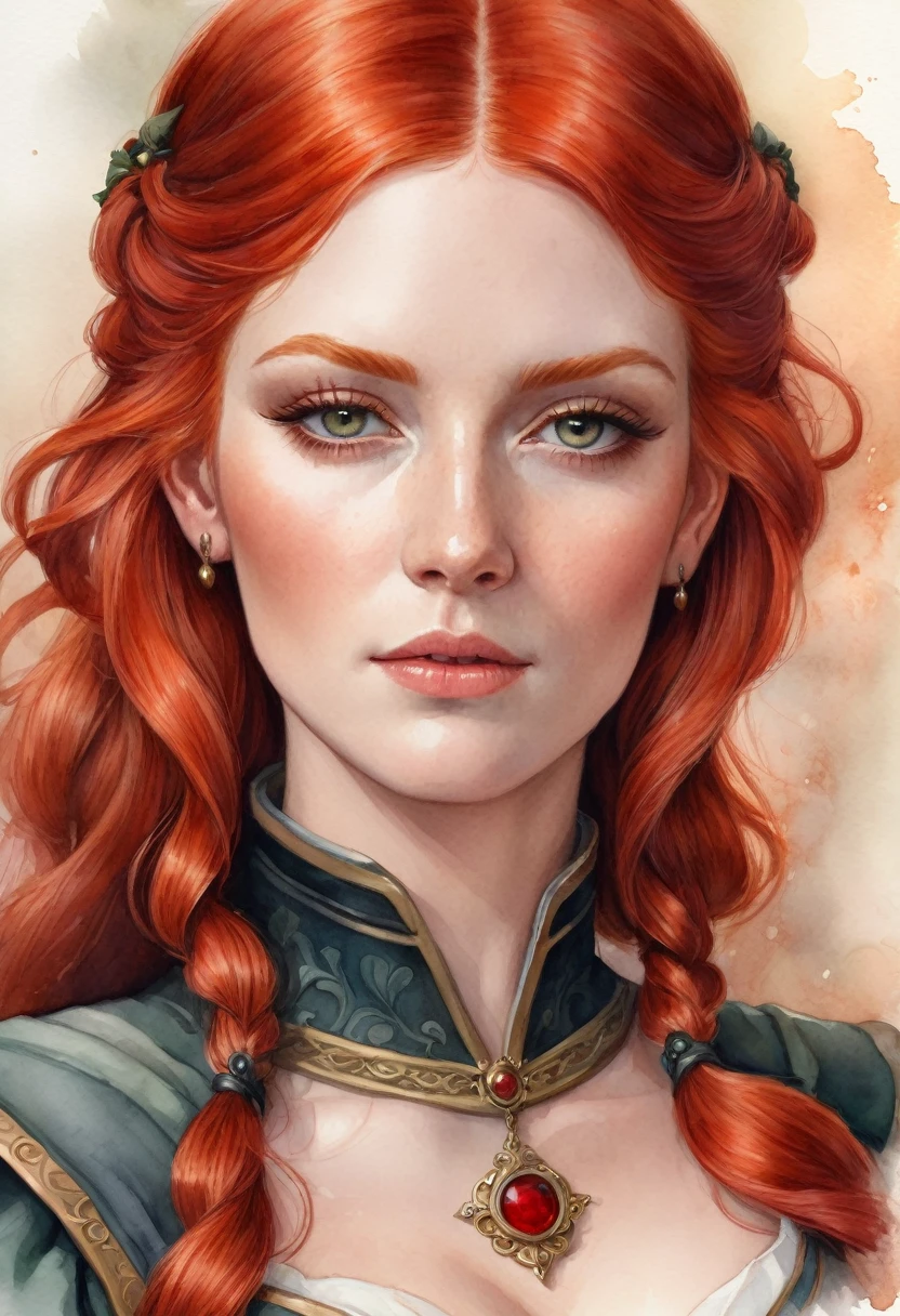 a woman with red hair, fantasy character portrait, the woman is wearing servant clothes, fantasy female portrait, fantasy genre portrait, detailed character portrait, inspired by Johann Friedrich Overbeck, a portrait of the character, rpg book portrait, epic portrait illustration, ((watercolor painting style))