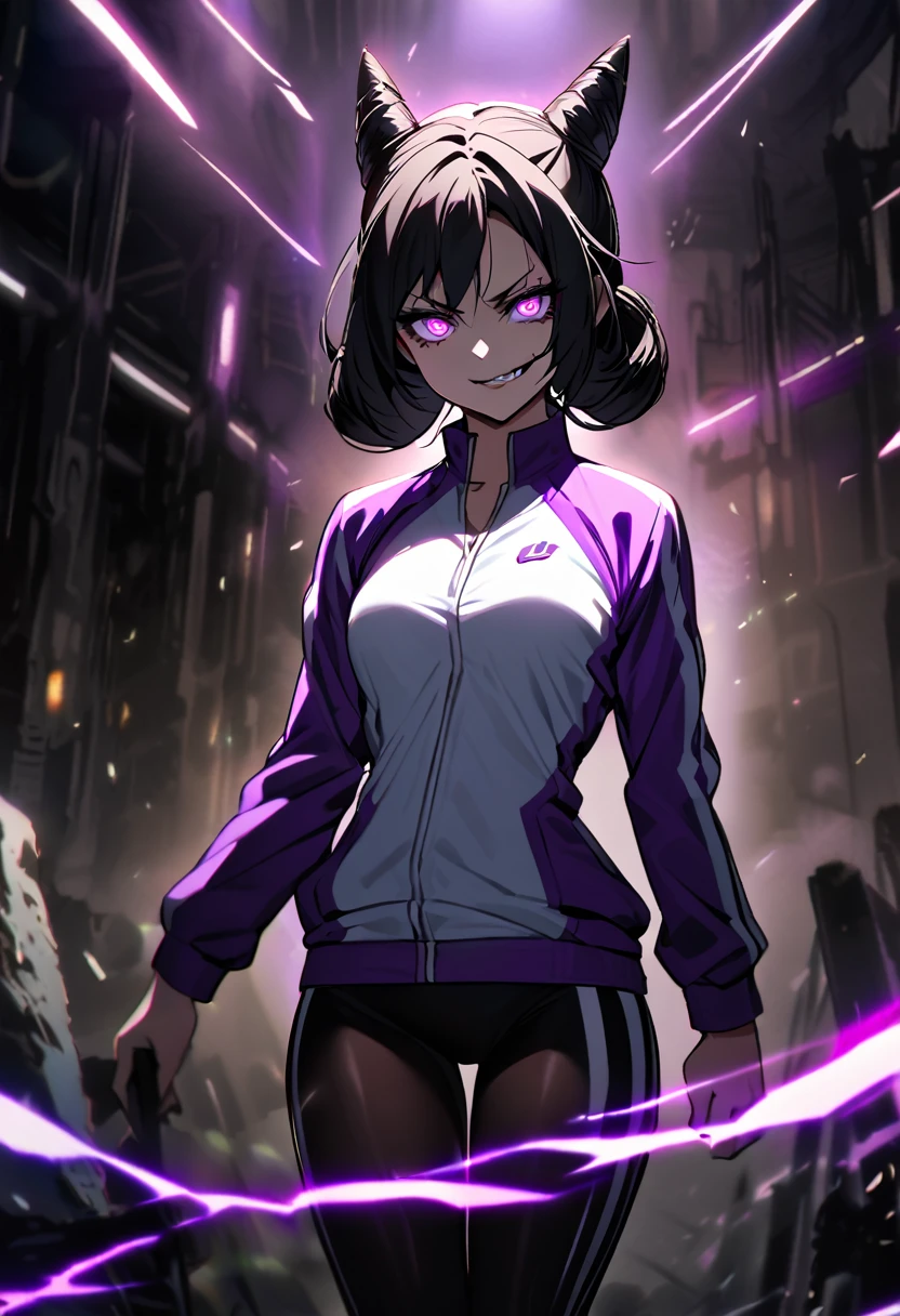 dark eye shadow,shining eyes,beautiful young fitness woman with , in a gym wearing May with black pantyhose, tight white and purple gym jacket. standing alone,hair horns,glowing purple eyes,Evil smile,legging preto ,labiaa,dark eye shadow,shining eyes
