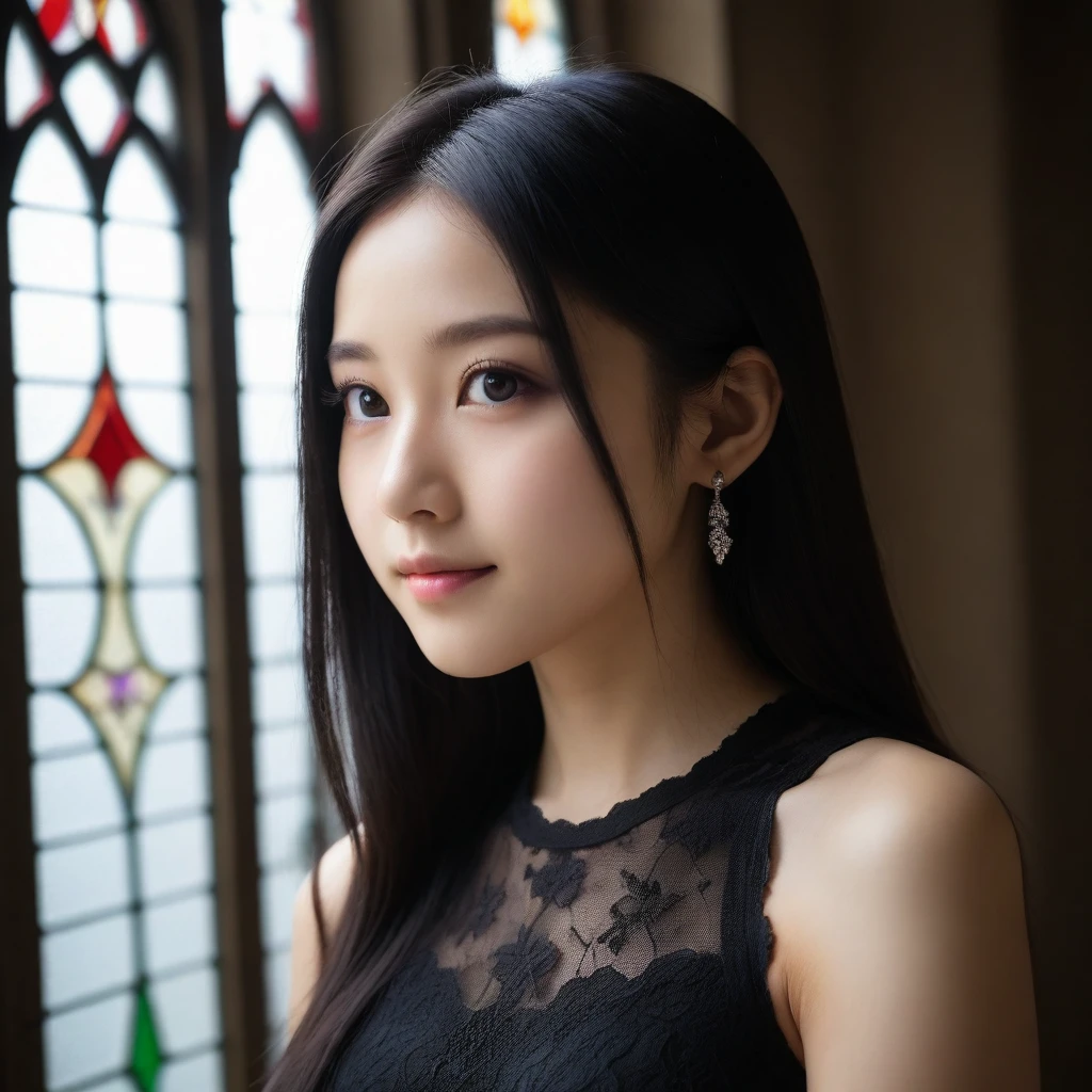 8k, Ultra-high resolution, Highest quality, masterpiece, 三分割法によるphotograph,Surreal, photograph, 1 Girl, (16 years old:1.3), pretty girl, Cute Face, Beautiful eyes in every detail, 細かくdetailedに,masterpiece,One Girl:1.2,Japan Female Teachers,extream close up,light smile,Long black hair,Straight long hair,(印象派の美しい少女のPortraiture),(Impressionist light and colour), (Avant-garde attire:1.3),(Fairy,Shiny Hair, Beautiful dark eyes, So cute and beautiful,16 years old, ), (smile:0.8),Sharp contours,Looking down, (A future never imagined), ((Gothic cathedral)), (Stained Glass Windows:1), indoor, Light from above, Low contrast, (Side view),, Perfect and beautiful face ,完璧でCute Face, Skin with attention to detail, Perfect limbs、Narrow waist,Looking at the audience,(((Ideal body type))),A cup small breasts :2,Portraiture:2,Perfect ???????,鮮明なdetailed,detailed,Surreal,Light and shadow,glowing