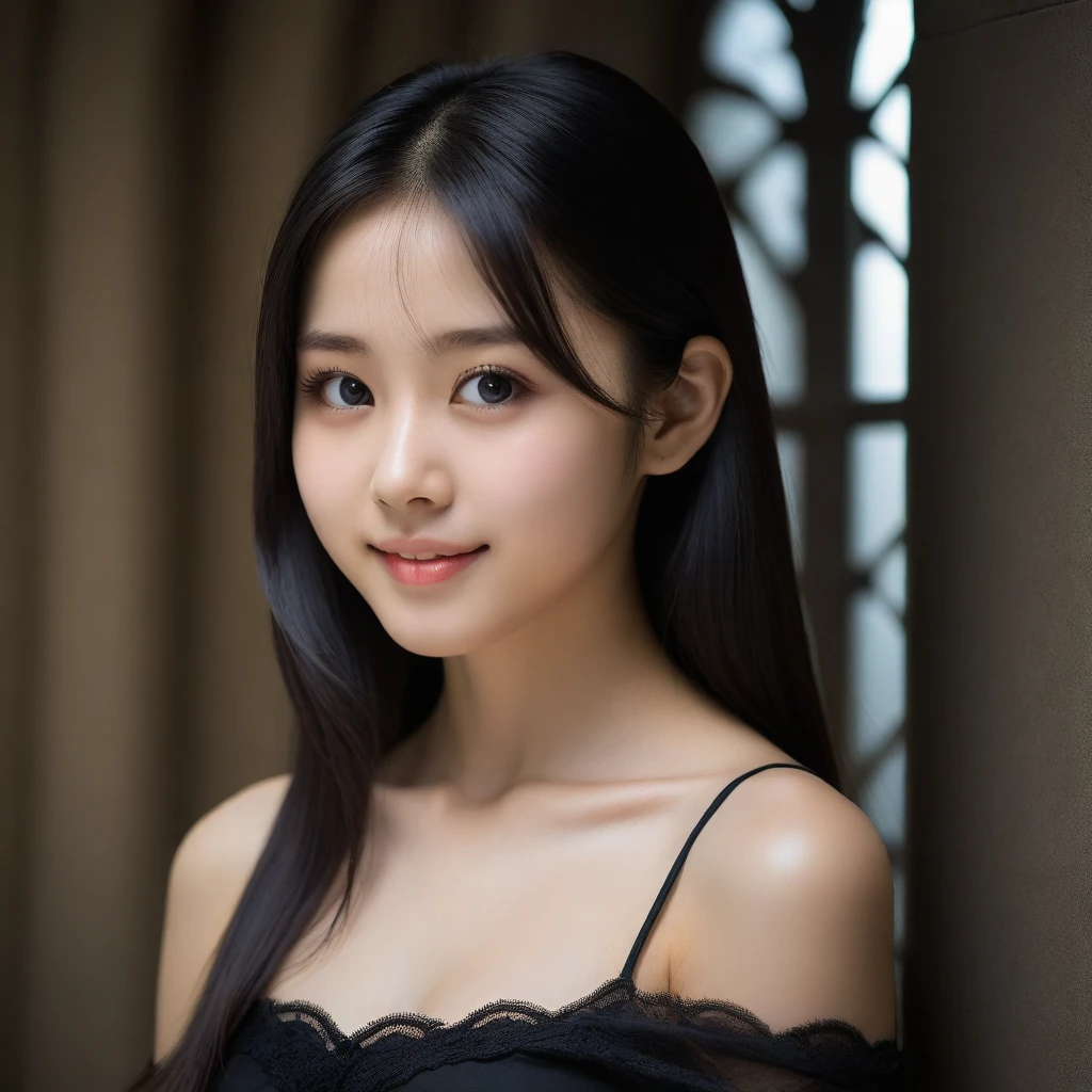 8k, Ultra-high resolution, Highest quality, masterpiece, 三分割法によるphotograph,Surreal, photograph, 1 Girl, (16 years old:1.3), pretty girl, Cute Face, Beautiful eyes in every detail, 細かくdetailedに,masterpiece,One Girl:1.2,Japan Female Teachers,extream close up,light smile,Long black hair,Straight long hair,(印象派の美しい少女のPortraiture),(Impressionist light and colour), (Avant-garde attire:1.3),(Fairy,Shiny Hair, Beautiful dark eyes, So cute and beautiful,16 years old, ), (smile:0.8),Sharp contours,Looking down, (A future never imagined), ((Gothic cathedral)), (Stained Glass Windows:1), indoor, Light from above, Low contrast, (Side view),, Perfect and beautiful face ,完璧でCute Face, Skin with attention to detail, Perfect limbs、Narrow waist,Looking at the audience,(((Ideal body type))),A cup small breasts :2,Portraiture:2,Perfect Anatomy,鮮明なdetailed,detailed,Surreal,Light and shadow,glowing