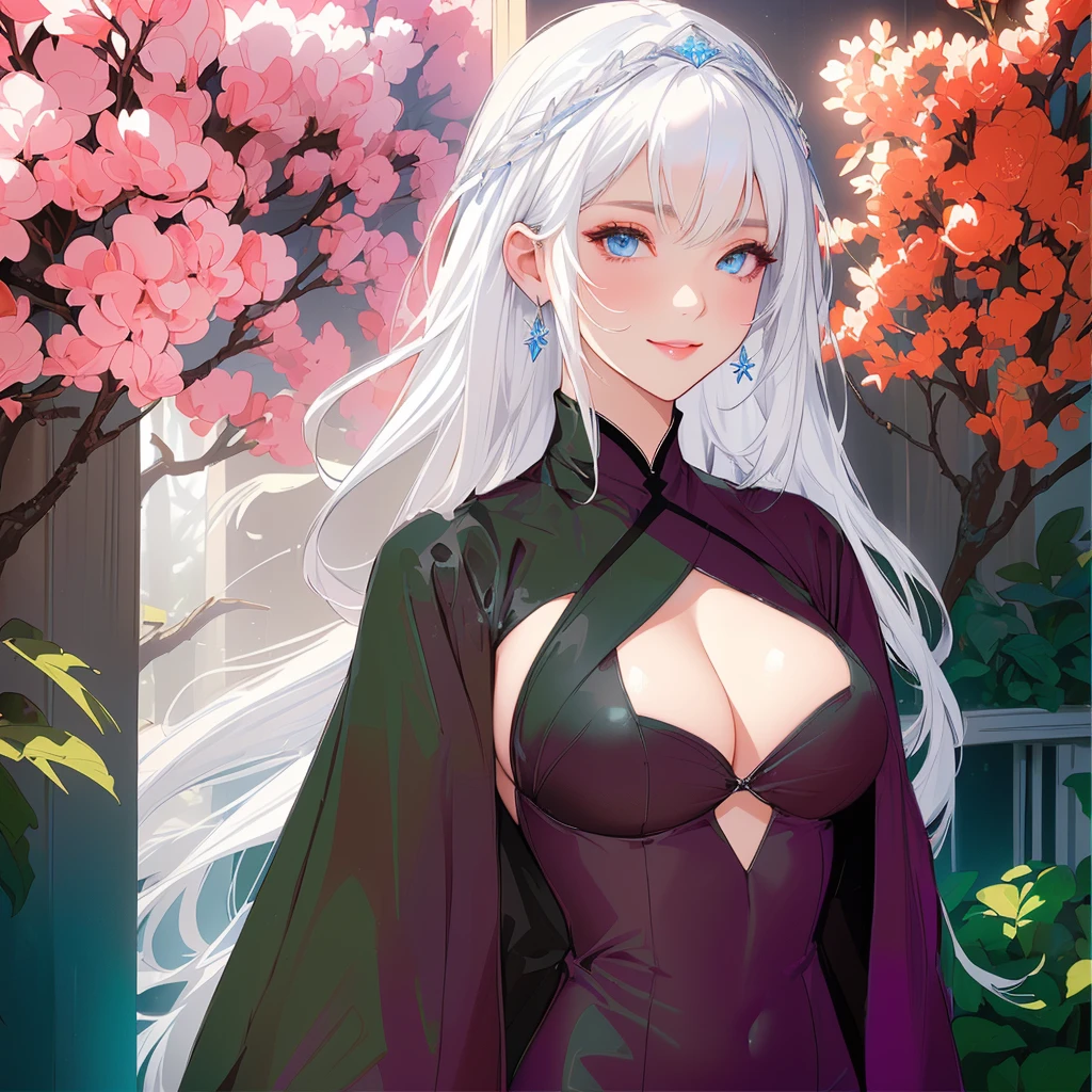 anime girl com longos white hair and blue eyes wearing a white dress, white hair deity, de white hair, with white hair, white hair, white hair lady, com longos white hair, sexy cleavage outfit, black clothing, beatiful , transparent black clothing, big neckline, roupa sensuous, sexy girl, black bikini, black swimwear, flowing white hair, sexy girl, sensuous, sorriso sensuous, charming smile, provocative clothes, big boobies, decote sensuous, nature background, add trees and nature background, provocative smile, smiling seductively