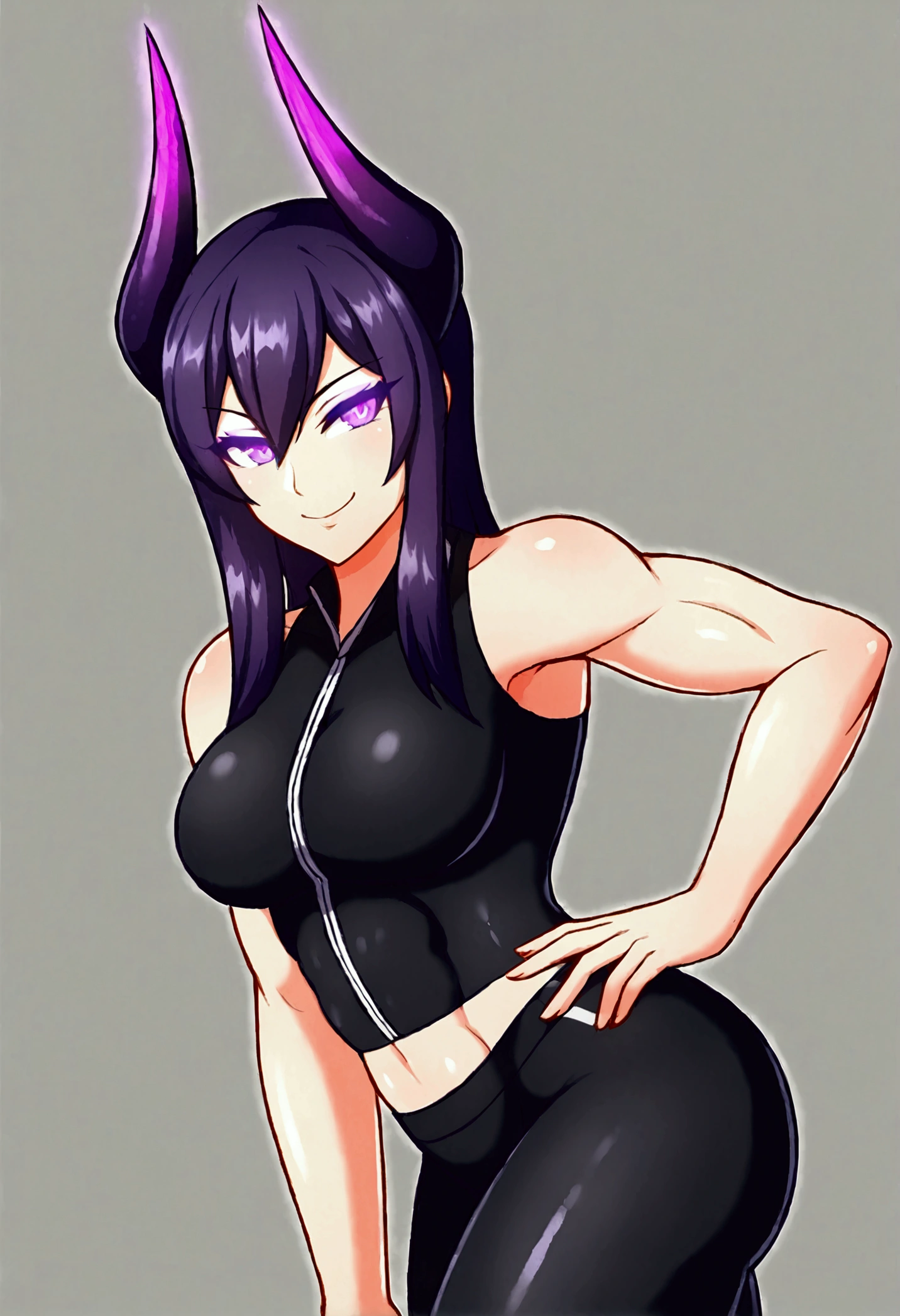 dark eye shadow,shining eyes,beautiful young fitness woman with , in a gym wearing May with black pantyhose, tight white and purple gym jacket. standing alone,hair horns,glowing purple eyes,Evil smile,legging preto ,labiaa,dark eye shadow,shining eyes
