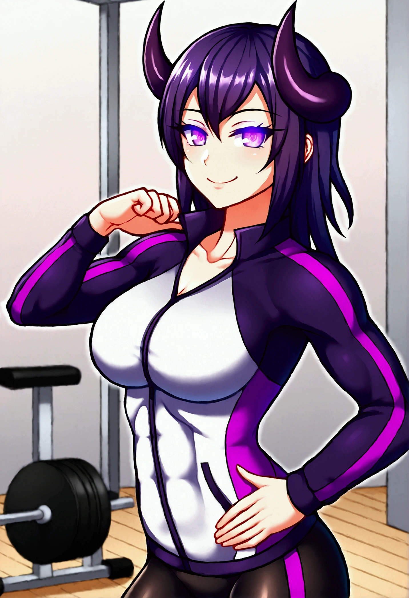 dark eye shadow,shining eyes,beautiful young fitness woman with , in a gym wearing May with black pantyhose, tight white and purple gym jacket. standing alone,hair horns,glowing purple eyes,Evil smile,legging preto ,labiaa,dark eye shadow,shining eyes
