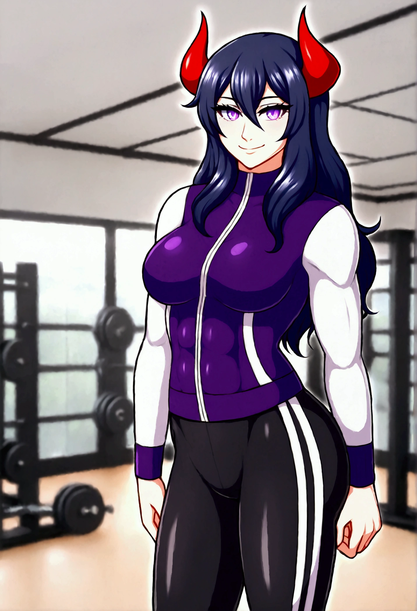 dark eye shadow,shining eyes,beautiful young fitness woman with , in a gym wearing May with black pantyhose, tight white and purple gym jacket. standing alone,hair horns,glowing purple eyes,Evil smile,legging preto ,labiaa,dark eye shadow,shining eyes
