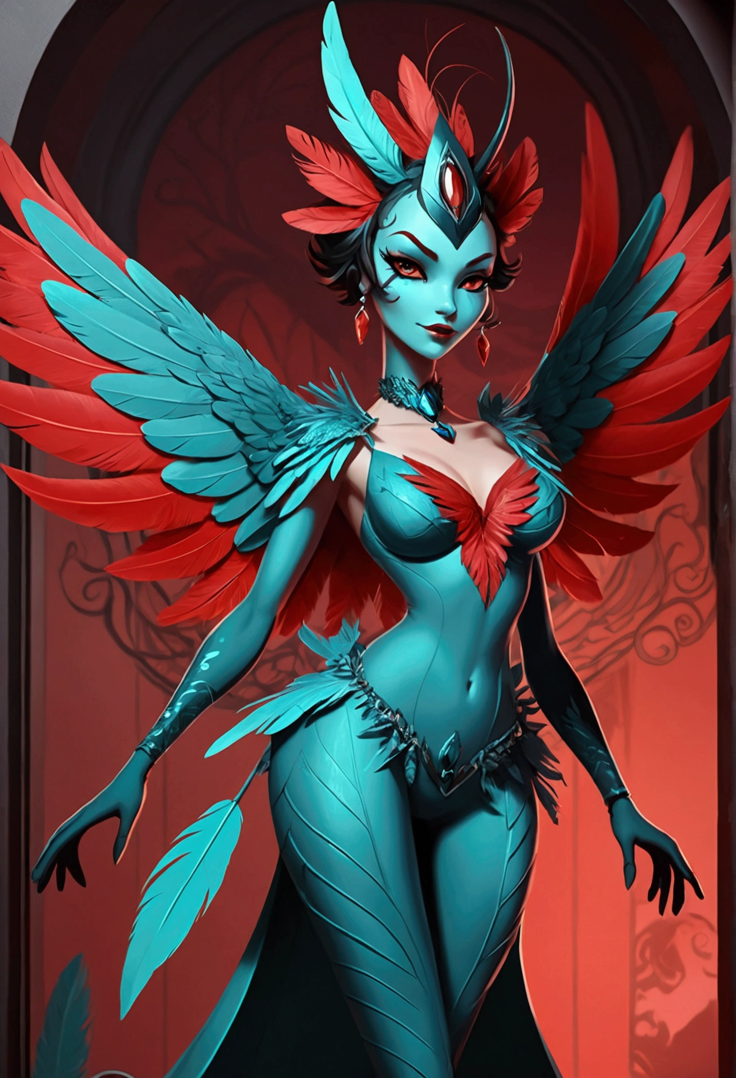  Hummingbird female demon, humanoid, aqua blue skin, feathered face and hair, feather dress, dental scrubs, ample chest, red feather patch over breasts. cartoon art style. In the style of Hazbin Hotel, (best quality)), ((masterpiece)), (detailed)