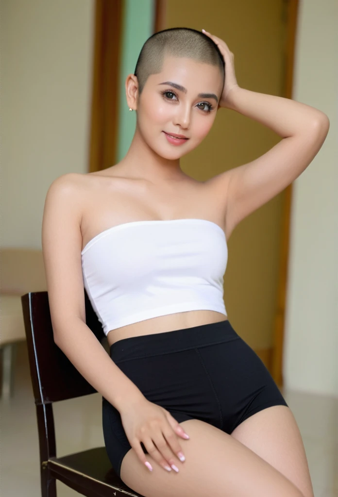 close-up of beautiful Indonesia-Chinese, Rani is a Indonesia-Chinese college student and model, age 22 years old girl, youthful face, white skin body, perfect body, buzz cut, bald, 38 inches breasts size, wearing a plain standard light white strapless tube top, wearing a tight plain standard deep black seamless spandex boyshort pant short leggings, Rani sat on a chair in Reza's room, Rani was again gently held by her hair by the her best friend, Rani's hair was shaved bald using a hair shaver by the her best friend, strand by strand Rani's hair fell as a result of her hair being shaved bald, now Rani's hair was bald, sexy looking pose, naughty looking pose, seductive looking pose, in Reza's room, Reza's room background, UHD