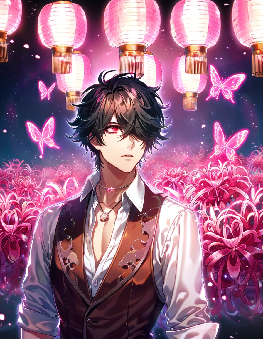 absurd resolution, high resolution, ultra detailed, detailed eyes, delicated features, extremely detailed, HDR, 8K, ルイ, black hair, messy hair, hair over the right eye, short hair, expressive red eyes, Code Vein, solo, sexy man, handsome, dark brown vest, white shirt, unbuttoned shirt, black gloves, ring necklace, rolled up sleeves, fantasy, cool, magical, pink glittering butterflies, pink dust flying around, pink spider lilies, pink petals, pink lanterns, Japanese ambiance, pink blossoms