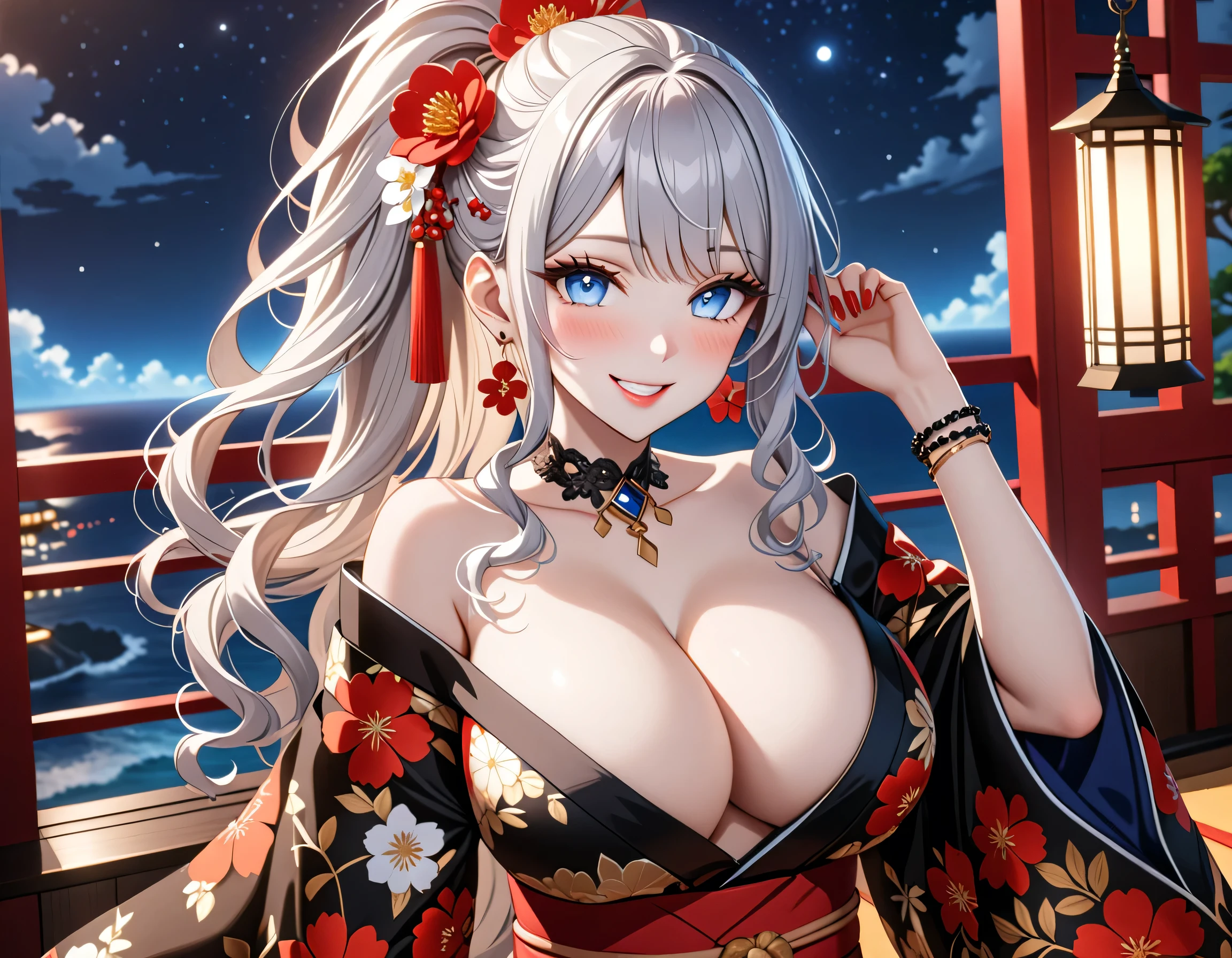 ultra-detailed, ((one girl)), (pale skin:1.5),  fair-skinned gyaru, ((Girl in black kimono)),  (heavy makeup), (professional lighting), hyper detailed, absurdres, 8k, Beautiful Face, (Laugh shyly), ((teasing smile:1.2)), ((happy smile:1.4)), ((Wink:1.4)), (Laugh with your mouth wide open), ((Tilt your face:1.6)), View your viewers, ((full-face blush:1.3)), Glossy Red Lips, ((huge breasts:1.6)),  ((She is undressed up to her shoulders, highlighting her cleavage.)), ((Her tattoo peeked through her kimono:1.1)), summer, night, Observatory with a view of the sea, ((Anime style background)),masterpiece, Highest quality, so beautiful,Latest, Complex details, ((red long nail:1.2)), (ring),(bracelet), (Floral Choker),AI-generated, Complex,High resolution, Highest quality, super high quality,3D Images、3D Images,One person, (Silver White hair),Long Hair, (White high ponytail), (wavy hair:1.3)), Anime woman posing for a photo, ((Eyes with detailed pupils、blue eyes、glowing eyes:1.3)), (Squint your eyes:1.1),a hyperRealistic , hyperRealistic , Realistic,Anime woman with long white hair, Smooth anime CG art, ((A girl in a gorgeous black kimono:1.2)), ((black furisode:1.3)),Gold embroidery, (Large floral pattern in red color),  (sideboob), (Long red flower hair ornament),(big floral earrings), Mature Body, tall,Narrow waist, ((dutch angle:1.2)), (model posing), (extreme close-up shot), 