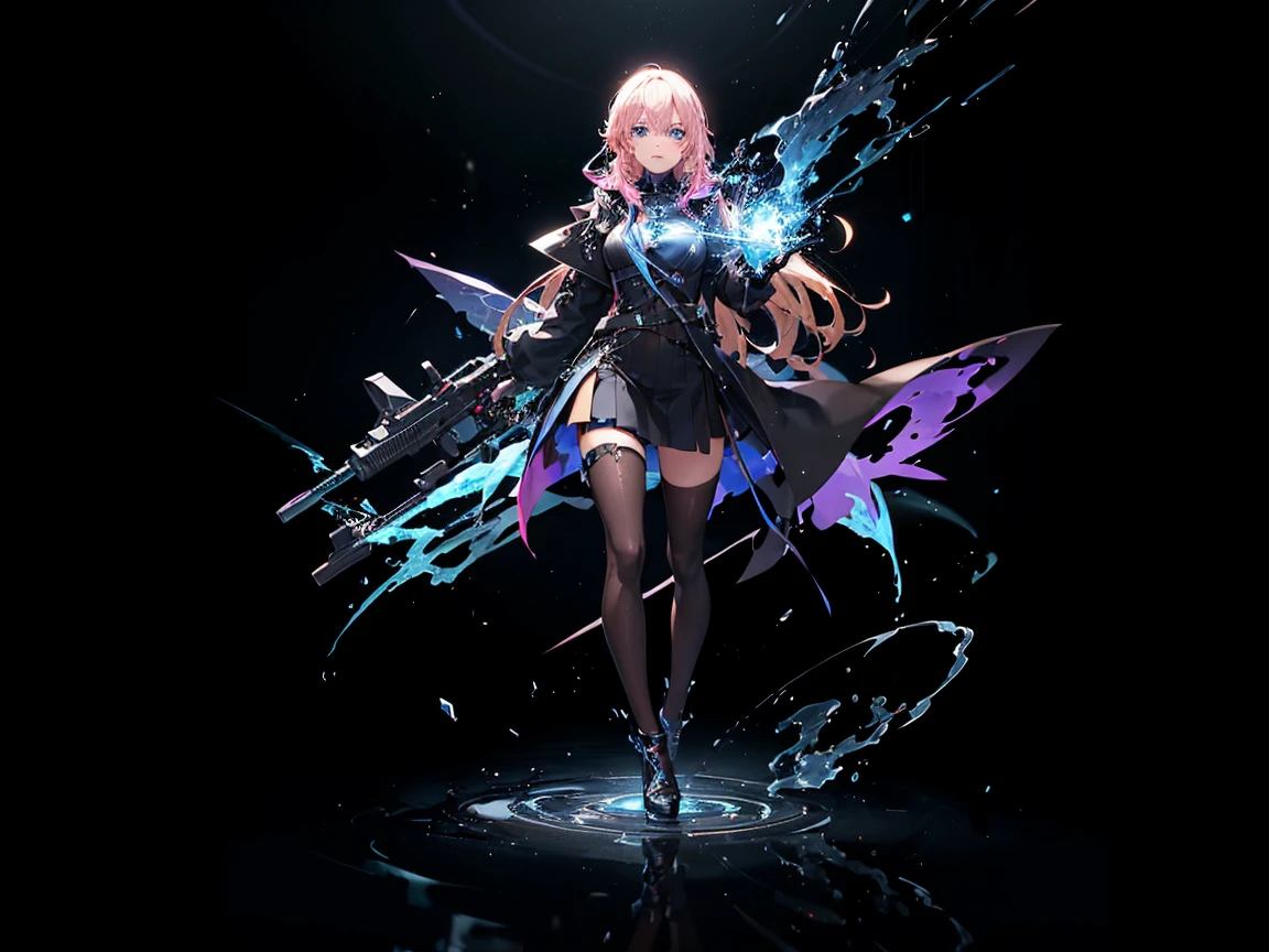 (Digital artwork:1.3),(a sketch:1.1)((Octane rendering)),City Street,High-rise tail alley,(Girl magician,tight black outfit, black jacket.),(( blonde flowy)),((A huge glowing magic array under your feet)),((Complex luminous runes)),Realistic digital painting portrait,shot at 8k resolution,Gasoline liquid,color pastel,splashart,Magical universe of pink and blue and purple,Lithography in intricate details,(lightning particules:1.2),(game concept:1.3),(deep of field:1.3),Global illumination,with rich details,Trends on ArtStation,((illustrious)),ultra fine,16K resolution, light blue eyes, tight black outfit, black jacket.