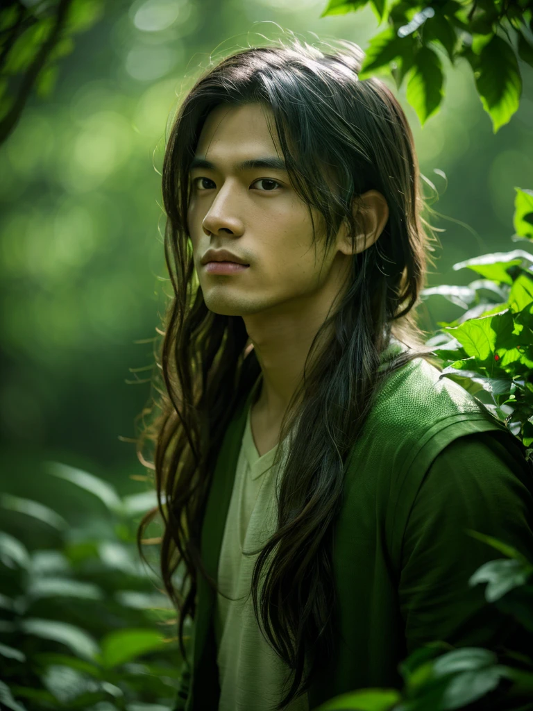 a beautiful young asian boy in a lush green forest, long elven hair, detailed portrait, dark green tones, no direct sunlight, fantasy, cinematic lighting, highly detailed, 8k, photorealistic