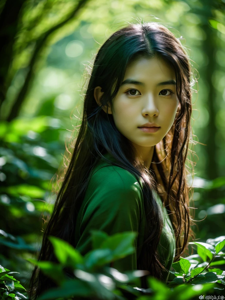 a beautiful young asian boy in a lush green forest, long elven hair, detailed portrait, dark green tones, no direct sunlight, fantasy, cinematic lighting, highly detailed, 8k, photorealistic